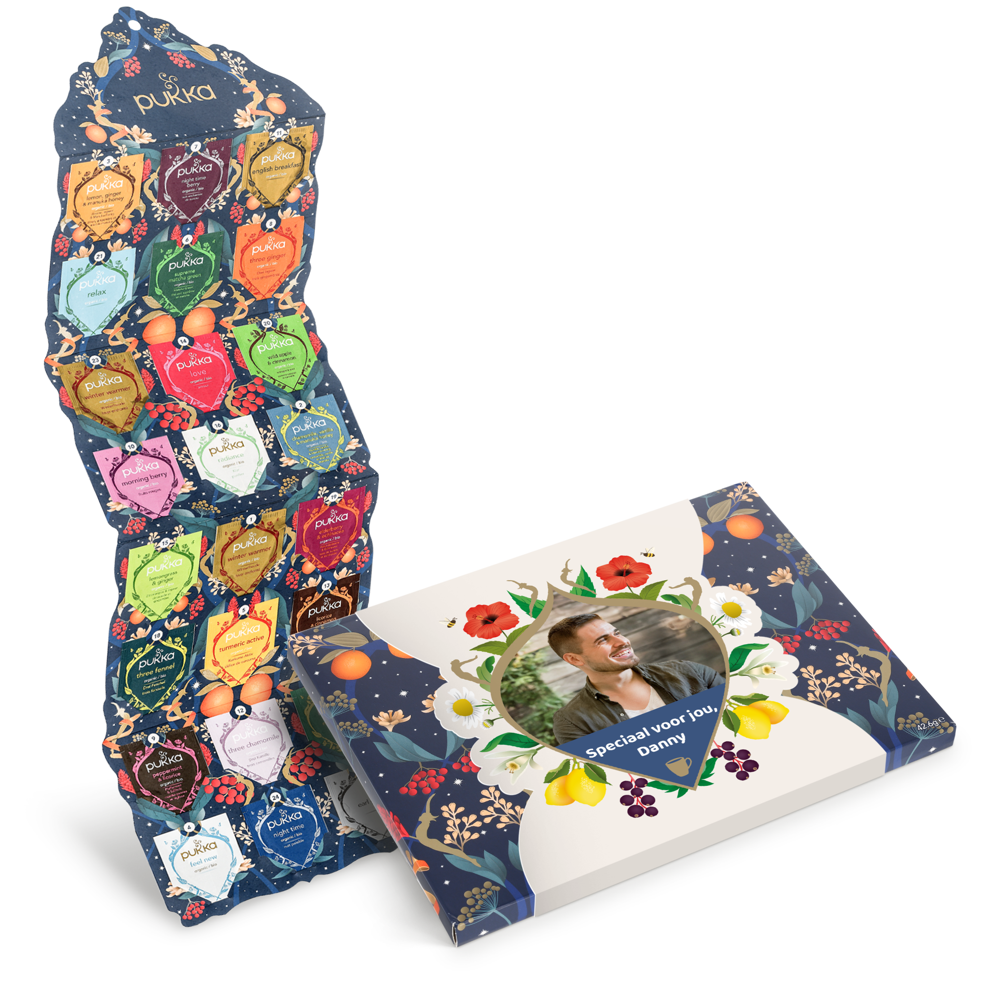 Gepersonaliseerde thee adventskalender - Pukka, bedrukt met eigen foto en de tekst 