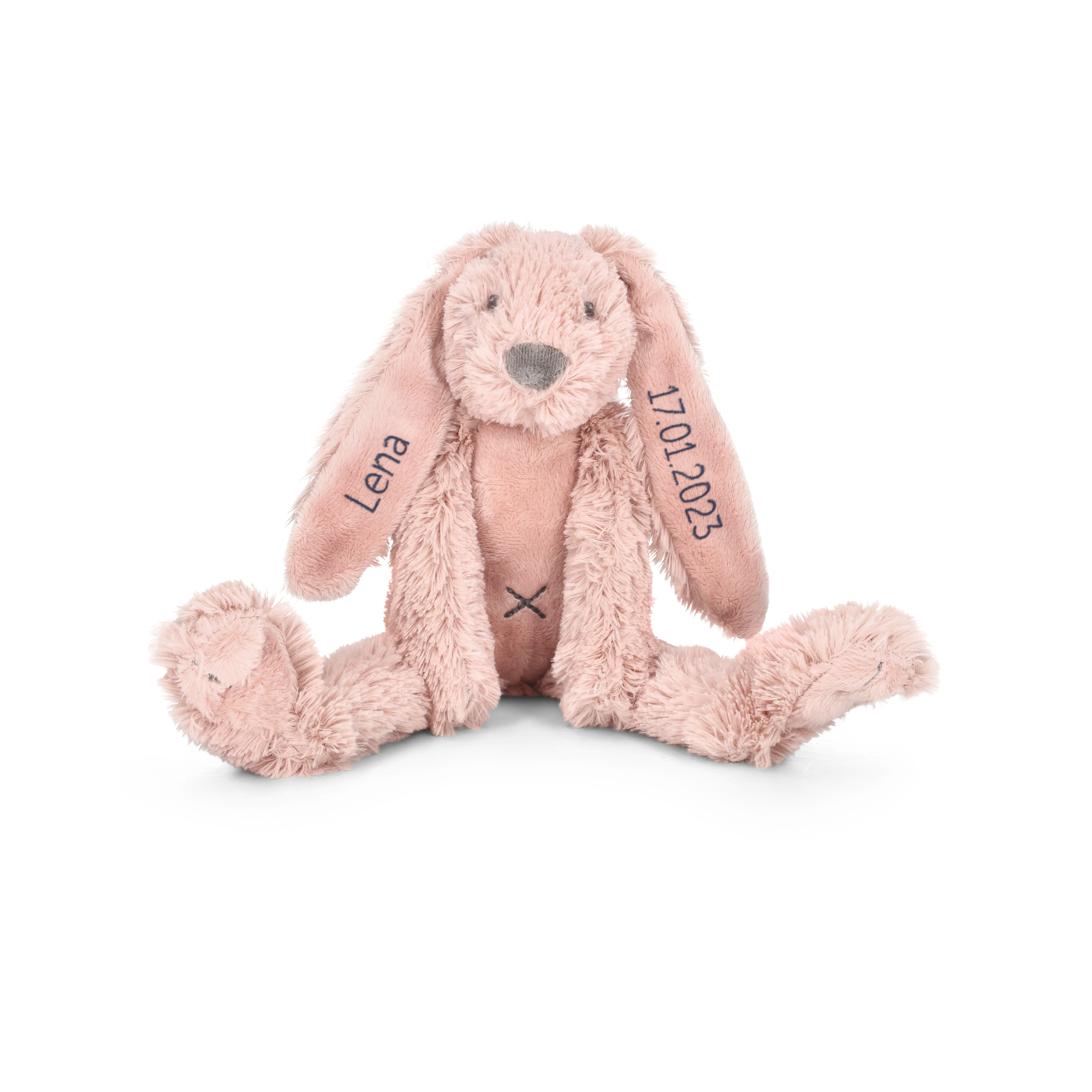Roze Happy Horse Rabbit Richie knuffel met geborduurde naam Lena en datum 17.01.2023 op de oren. Lekker knuffelen met dit zachte Happy Horse konijn met naam.
