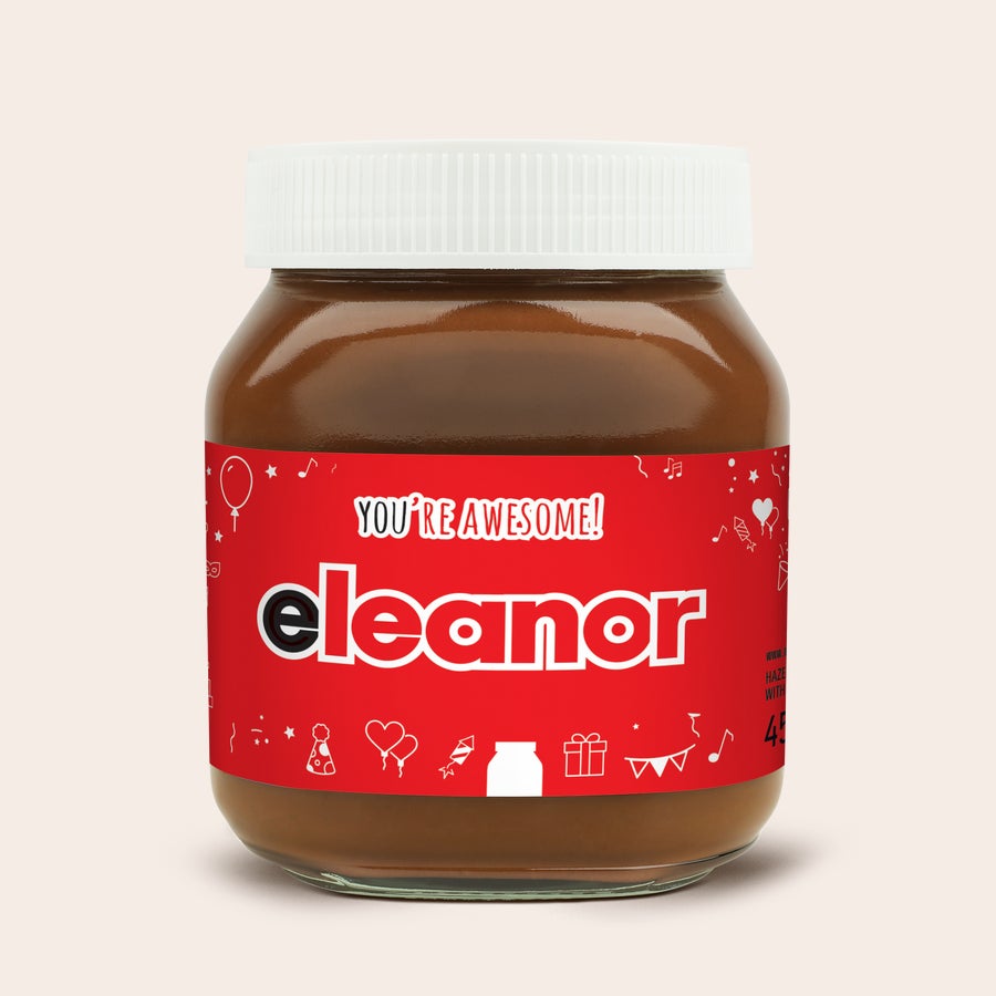 Personalised nutella® jar Personalised nutella® jar - 450 gr - Original, with a custom red label printed with the name Eleanor and the message Youre Awesome