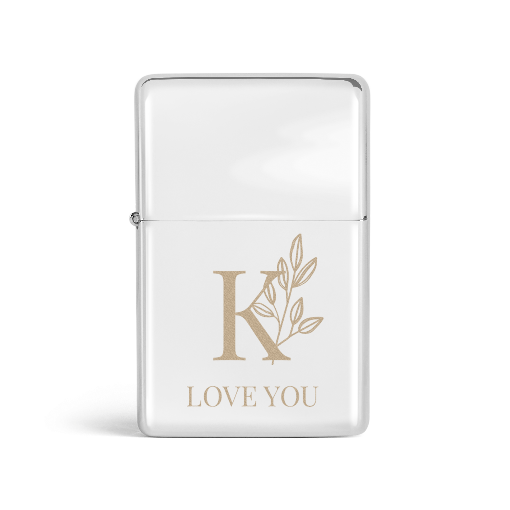 Encendedor plateado con inicial K floral y texto "LOVE YOU" grabado, transforma tus recuerdos en una llama de elegancia.