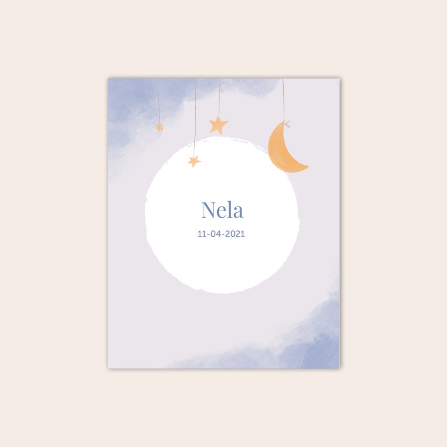 Personalizowany plakat dla niemowlaka - znak zodiaku Personalizowany plakat z imieniem noworodka Nela i datą urodzenia 11-04-2021, wzór z księżycem i gwiazdkami, nadruk.