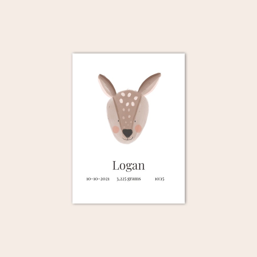 Personalised baby poster Personalized baby birth poster with cute deer illustration and printed name Logan with birth date and weight