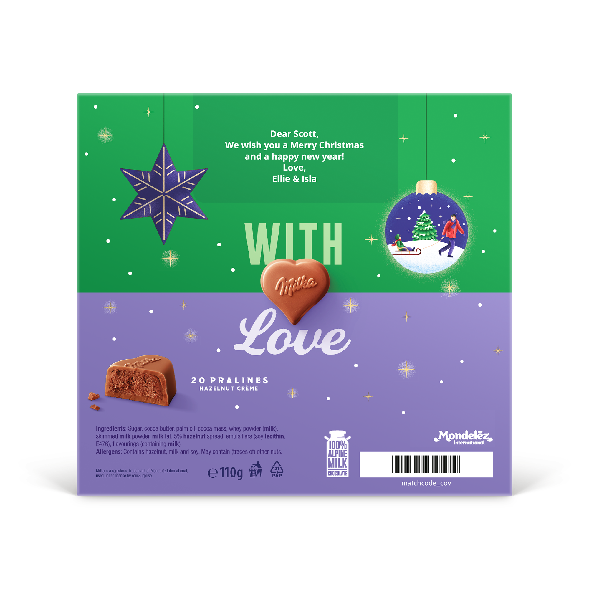 Milka hearts in Personalised 3D Gift Box - Christmas, printed with custom message Dear Scott, Love Ellie & Isla
