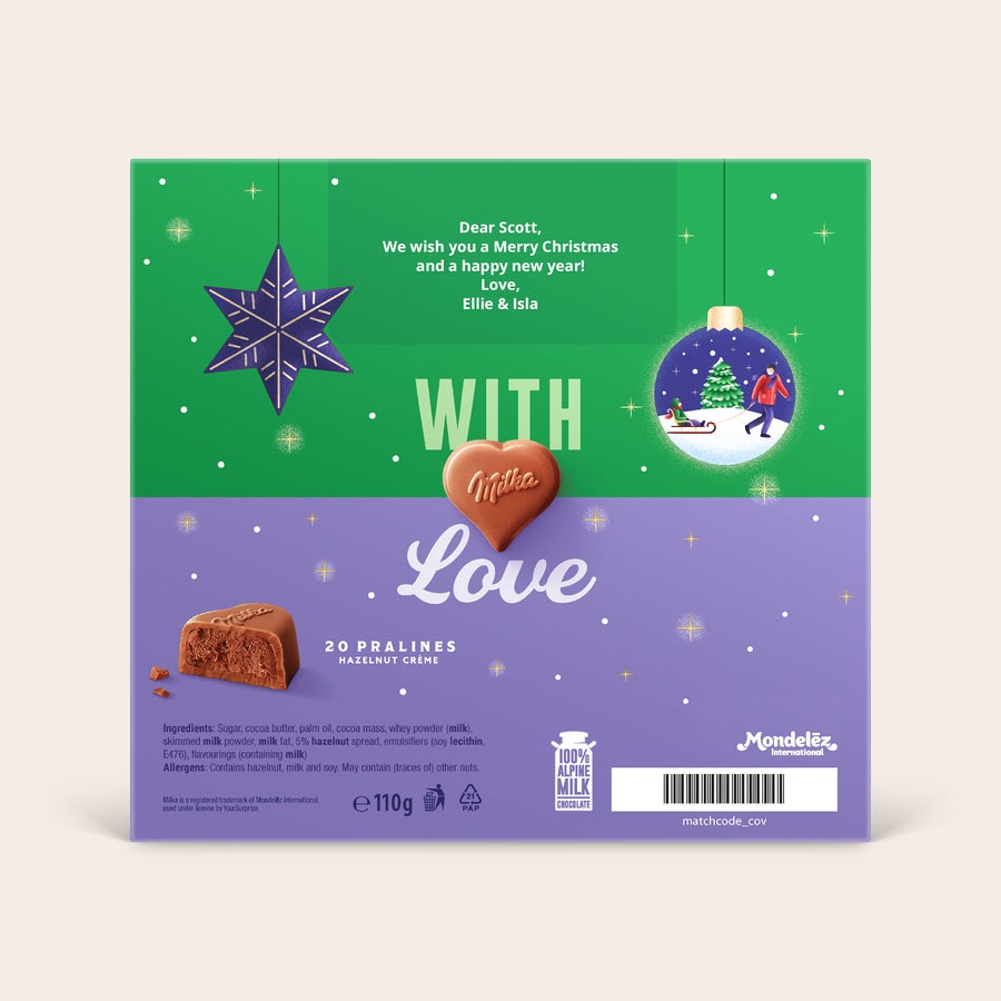 Milka srdíčka v personalizované 3D dárkové krabičce - Vánoce Milka srdíčka v personalizované 3D dárkové krabičce - Vánoce s textem a zimním motivem.