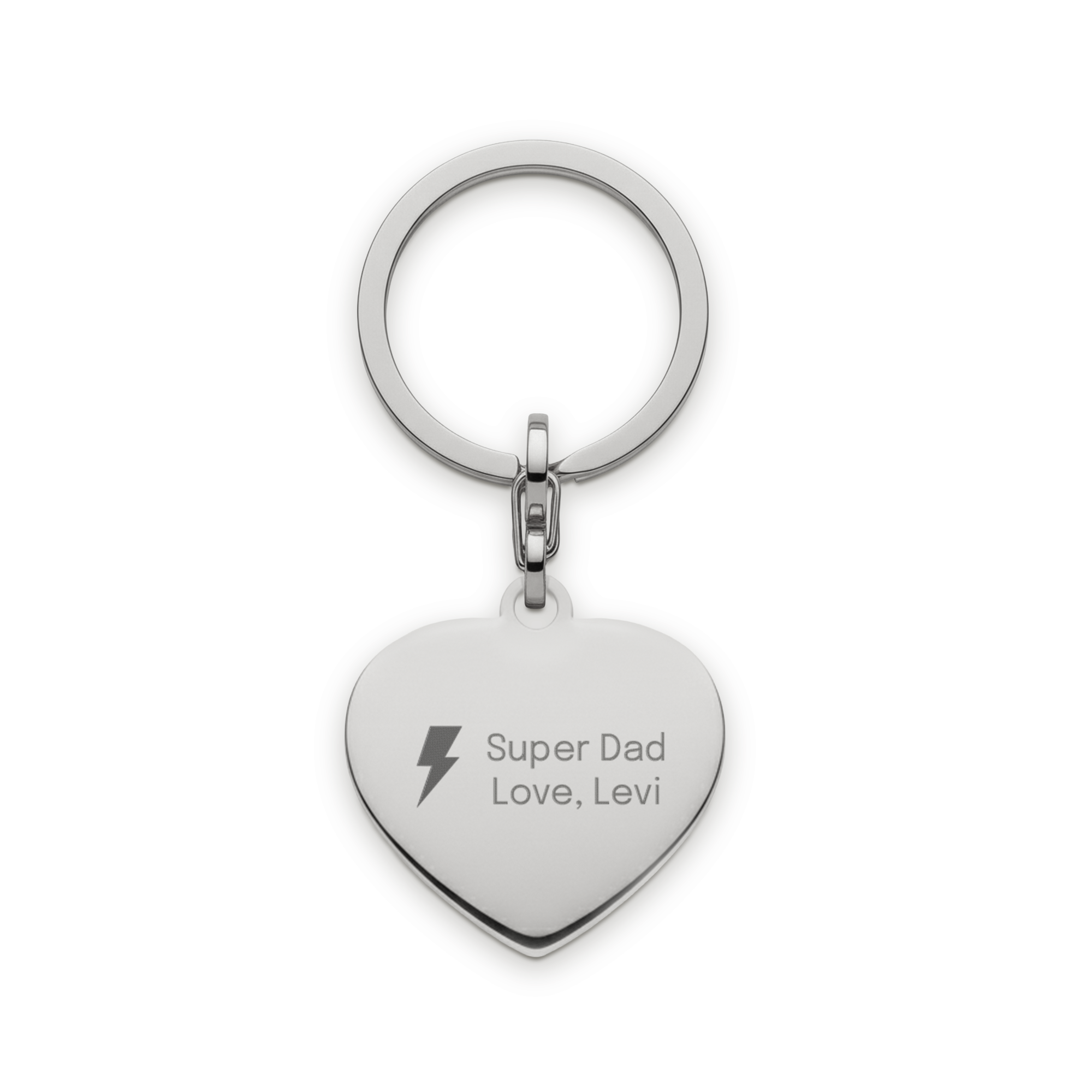 Engraved key ring Heart Silver with Super Dad Love, Levi text, a personalized metal heart-shaped keychain