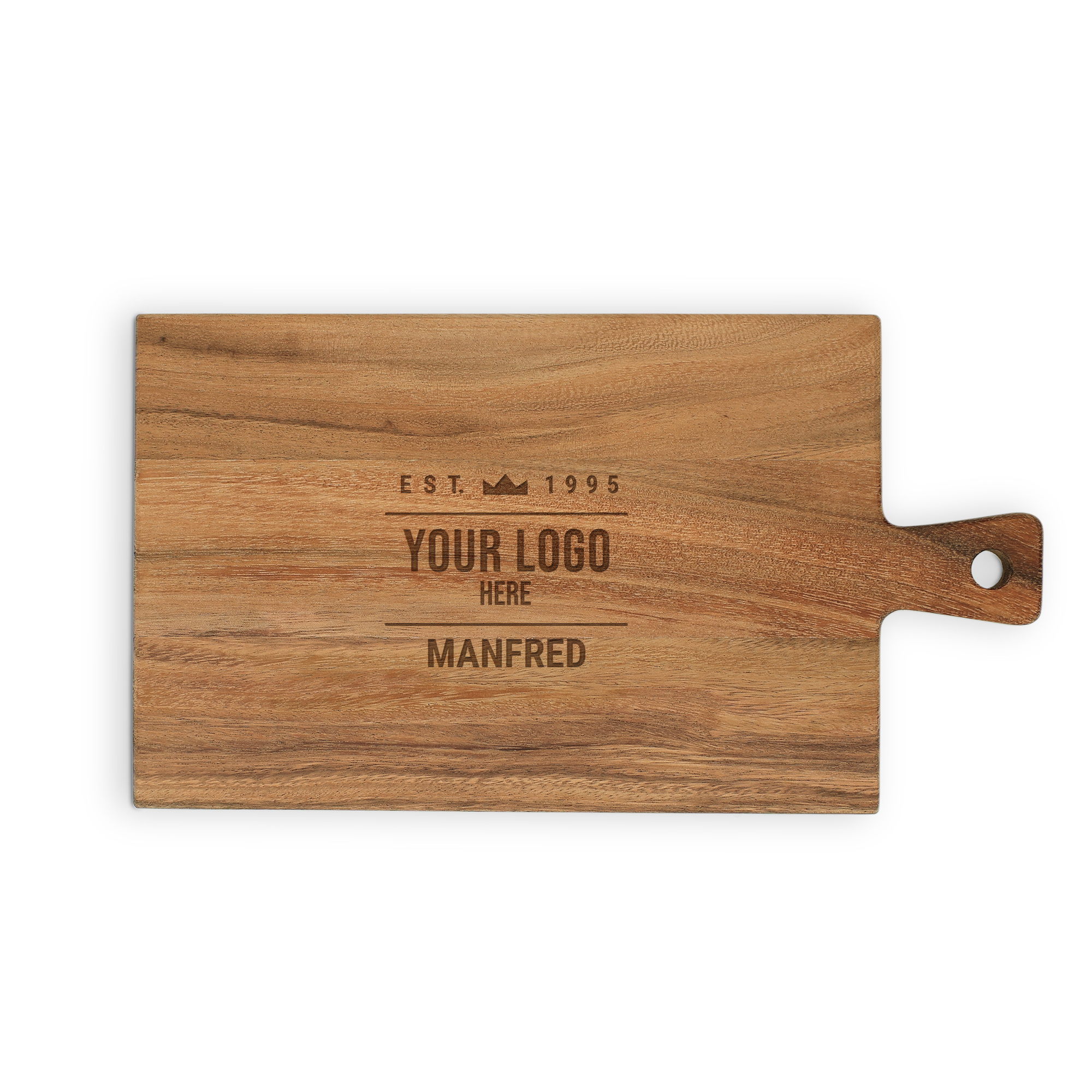 Personalisiertes Servierbrett aus Holz, graviert mit dem Namen Manfred und einem Platzhalter für ein Logo