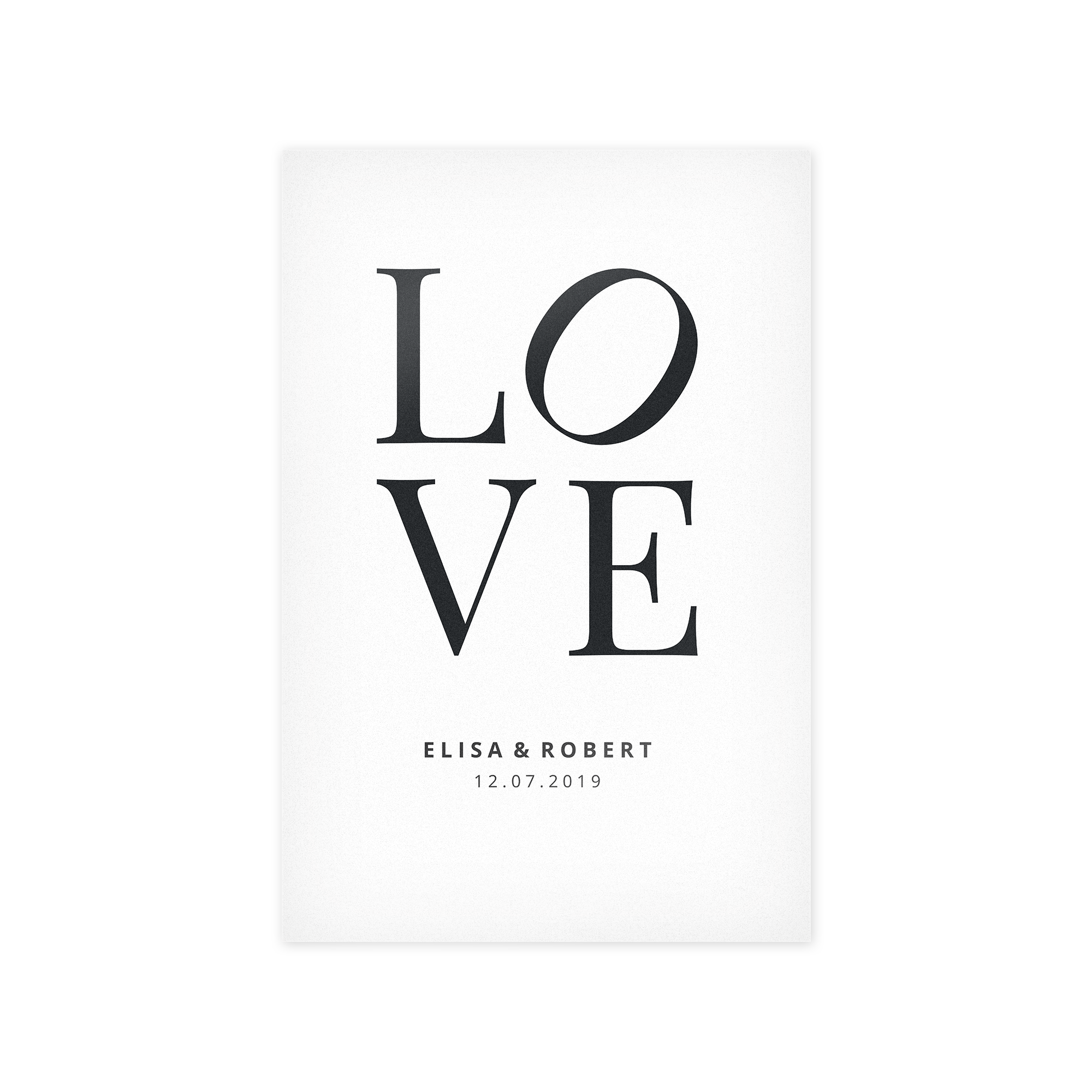 Foto op forex met het woord 'LOVE' en de namen 'ELISA & ROBERT' en datum '12.07.2019' gepersonaliseerd