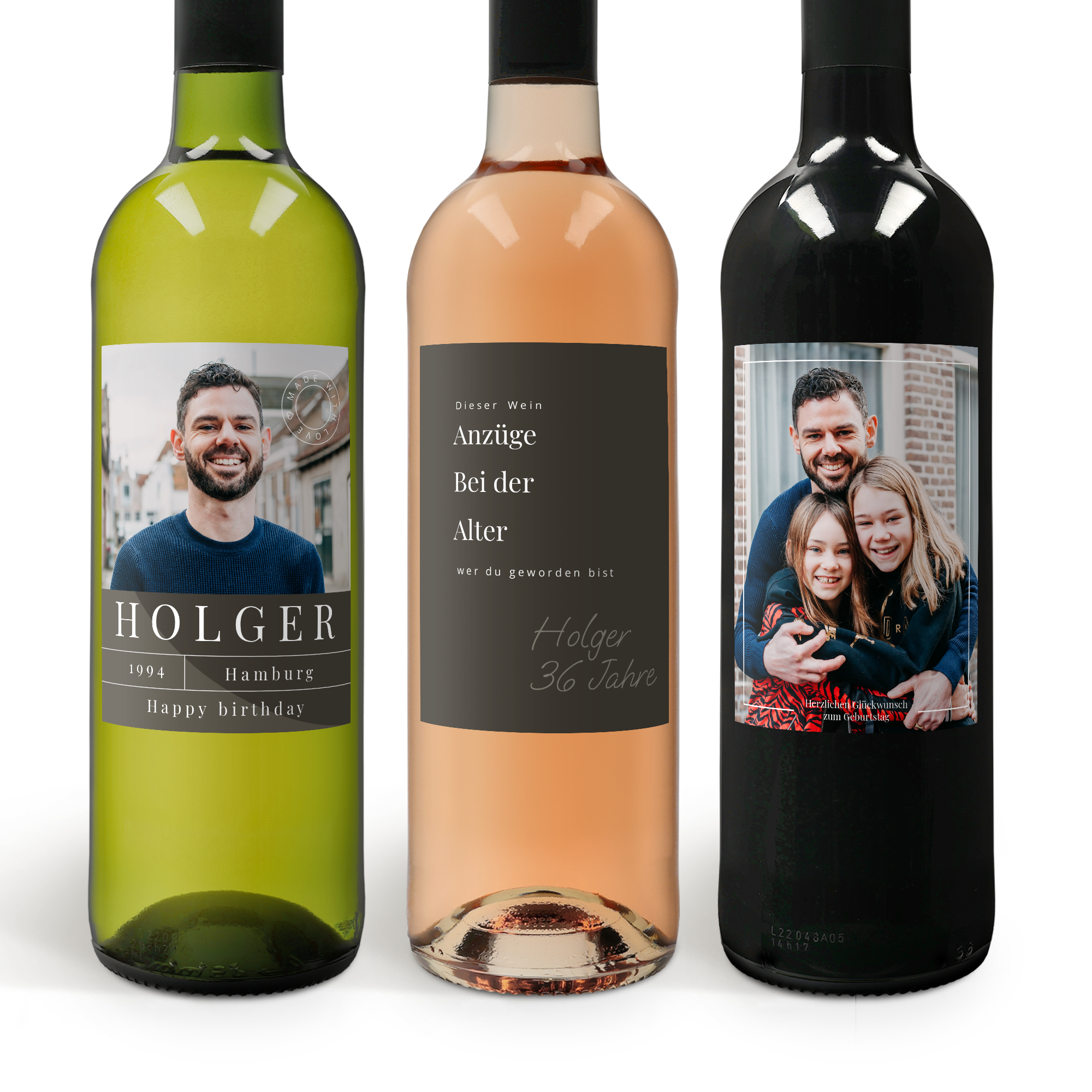 Wein Geschenkset Belvy mit eigenem Etikett bedruckt mit Holger, 36 Jahre, Fotos und Geburtstagsgrüßen