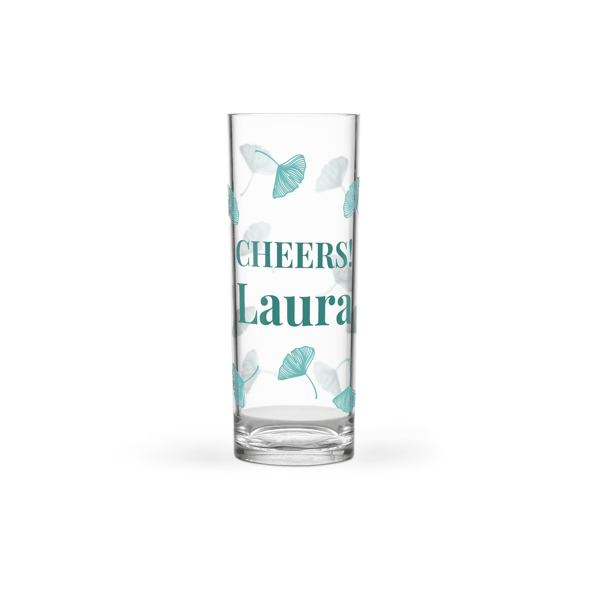 Átlátszó, egyedi üzenettel nyomtatott highball pohár levélmintával és "CHEERS! Laura" szöveggel