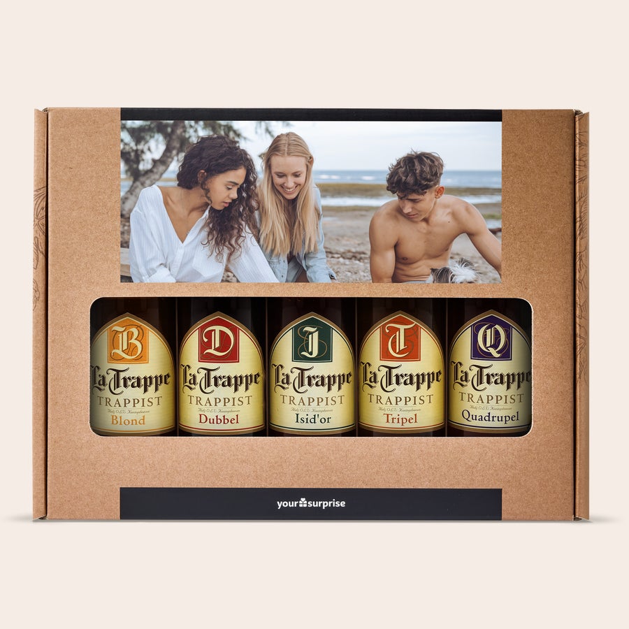 Coffret à bière personnalisé Coffret bière trappiste personnalisé avec 5 bières La Trappe, étiquettes imprimées avec photo