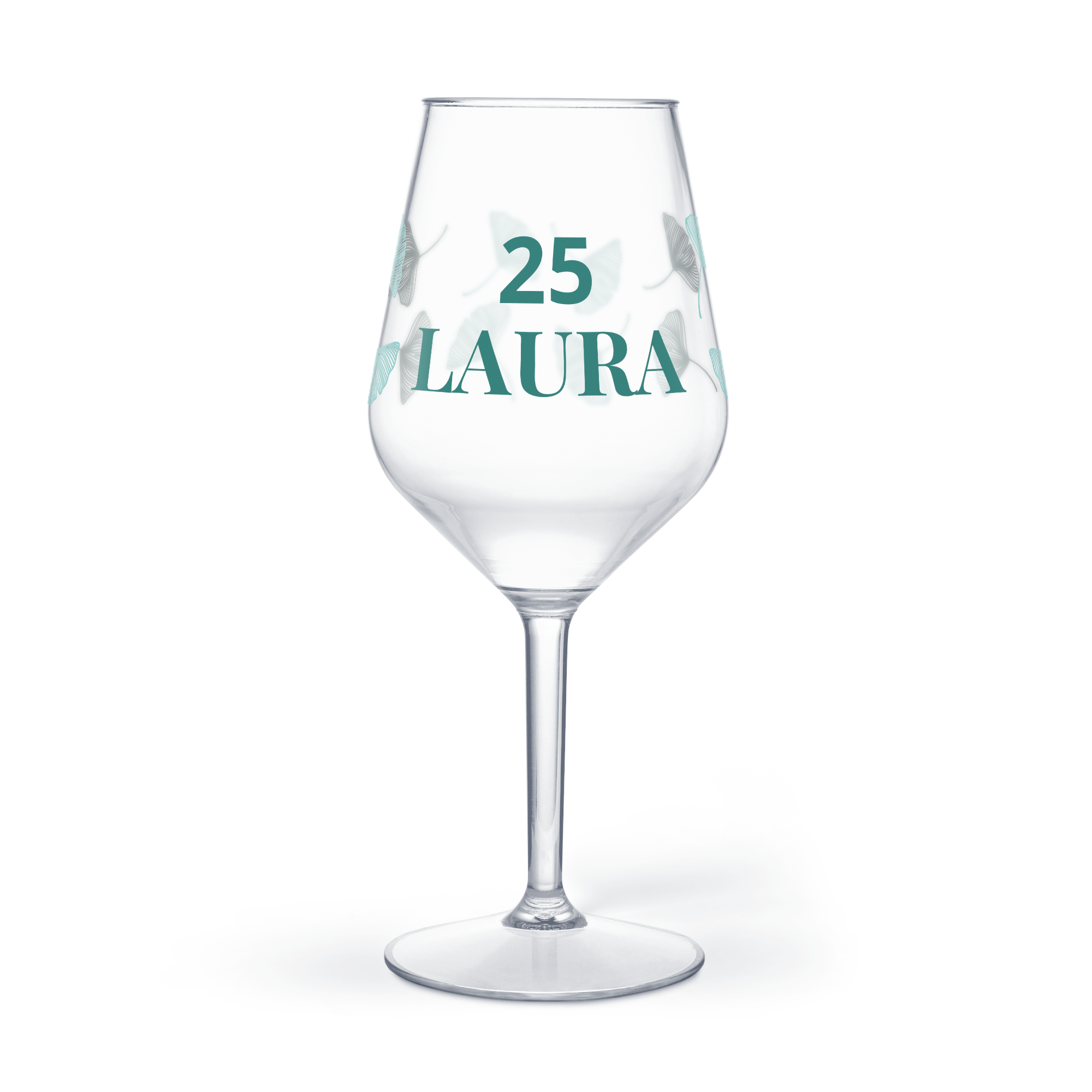 Bedrucktes Kunststoff Weinglas für den Weinliebhaber, personalisiert mit Zahl 25 und Namen Laura.