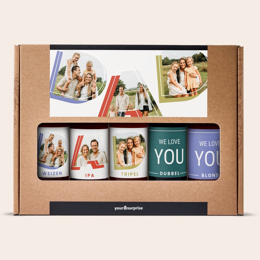 Confezione di Birra Personalizzata - 5 Bottiglie Set di 5 birre personalizzate in confezione regalo, etichette stampate con foto di famiglia, testo "WE LOVE YOU" per un vero amante della birra