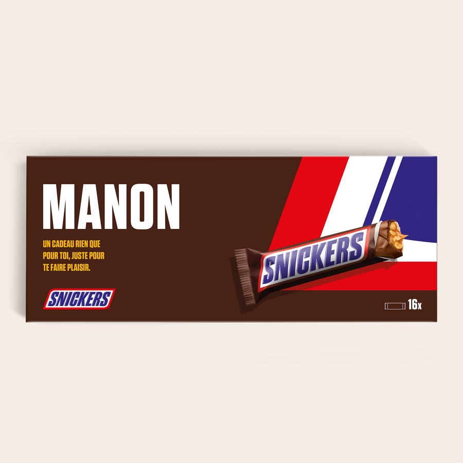 Méga Snickers personnalisé Méga Snickers personnalisé avec nom Manon et message, imprimé sur la boîte brune 16 barres