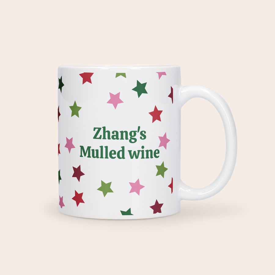 Tazza Natalizia Personalizzata con Foto Tazza bianca di Natale con stelle colorate e testo personalizzato Zhang's Mulled Wine stampato