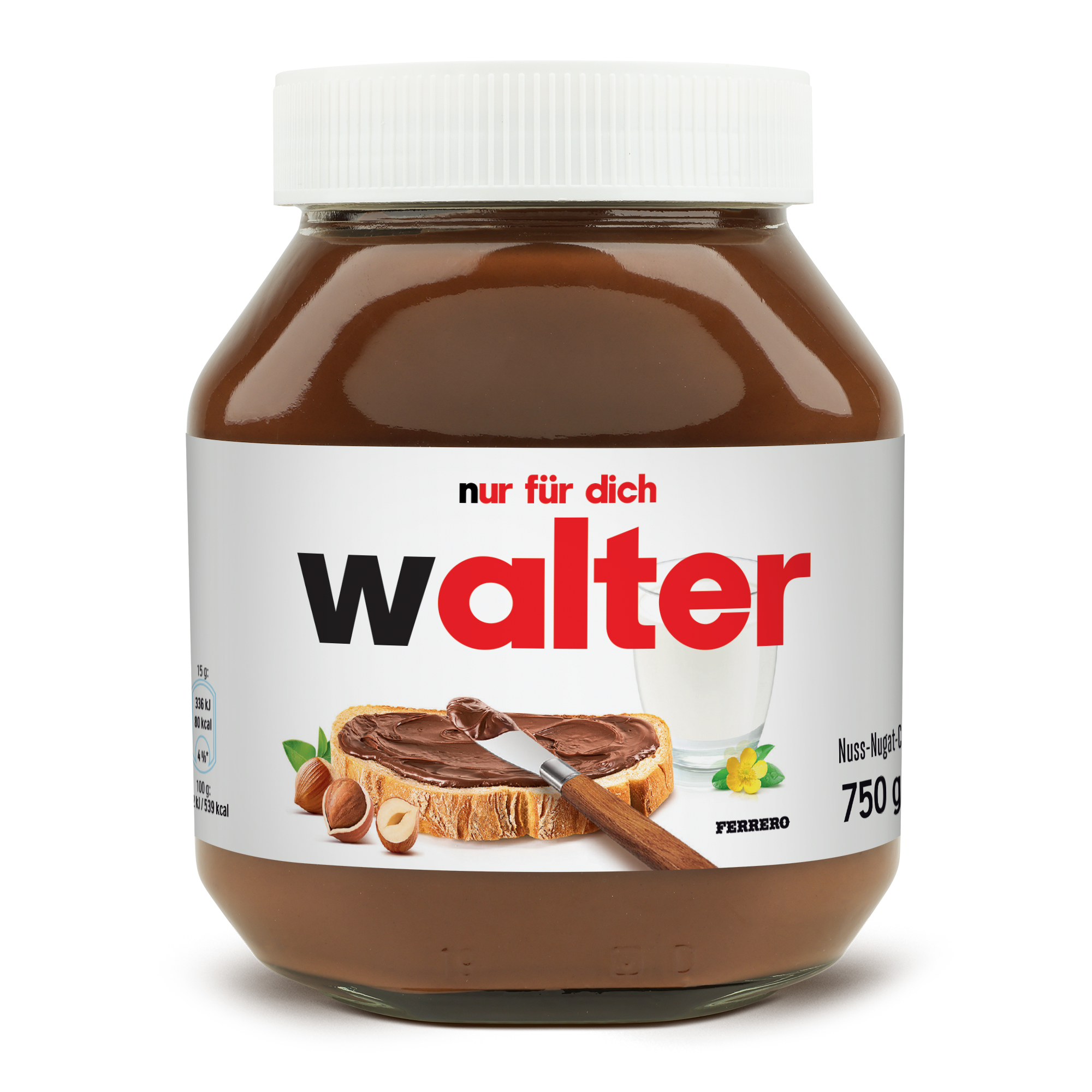 Personalisiertes nutella® Glas (750 g) mit dem aufgedruckten Namen Walter. Überrasche deine Liebsten mit diesem nutella® Glas, personalisiert mit Namen!
