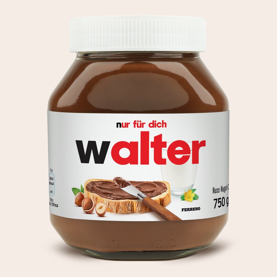Personalisiertes nutella®-Glas Personalisiertes nutella® Glas (750 g) mit dem aufgedruckten Namen Walter. Überrasche deine Liebsten mit diesem nutella® Glas, personalisiert mit Namen!