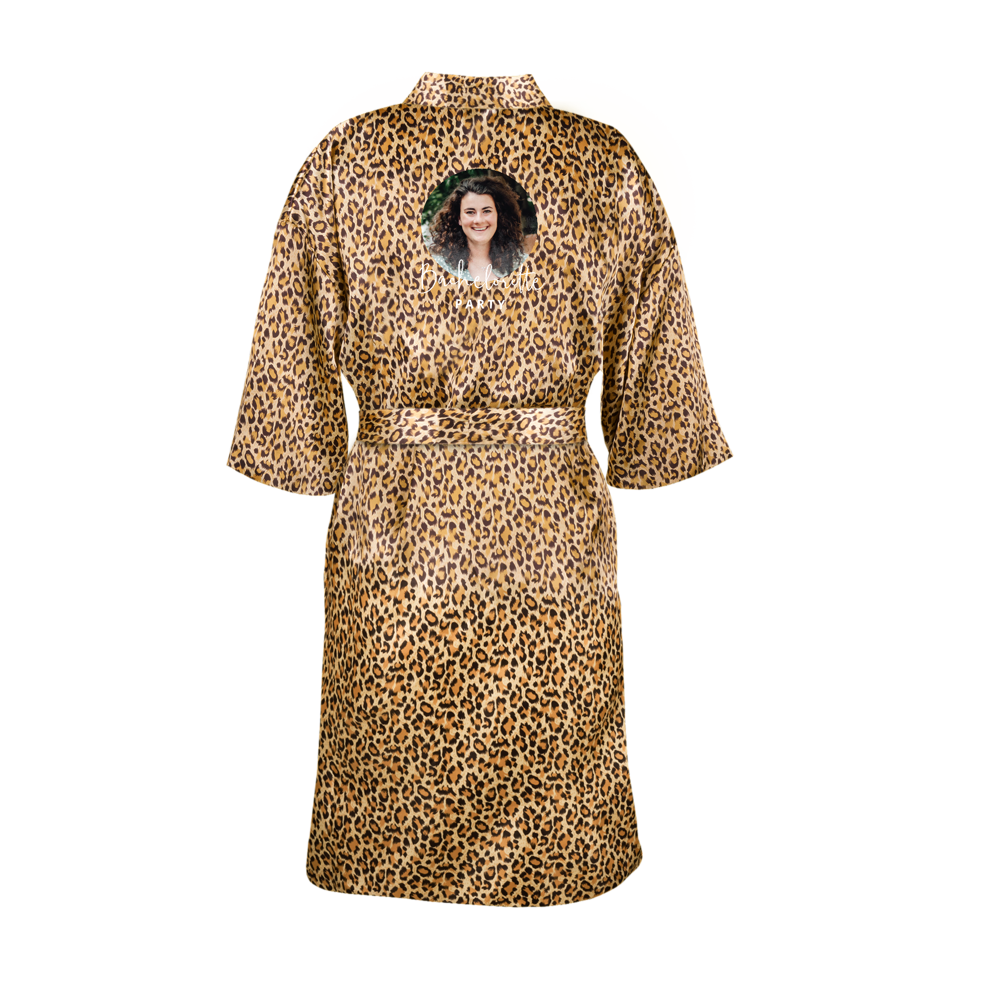 Kimono personalizado con estampado de leopardo, foto impresa de mujer sonriente y texto Bachelorette Party.