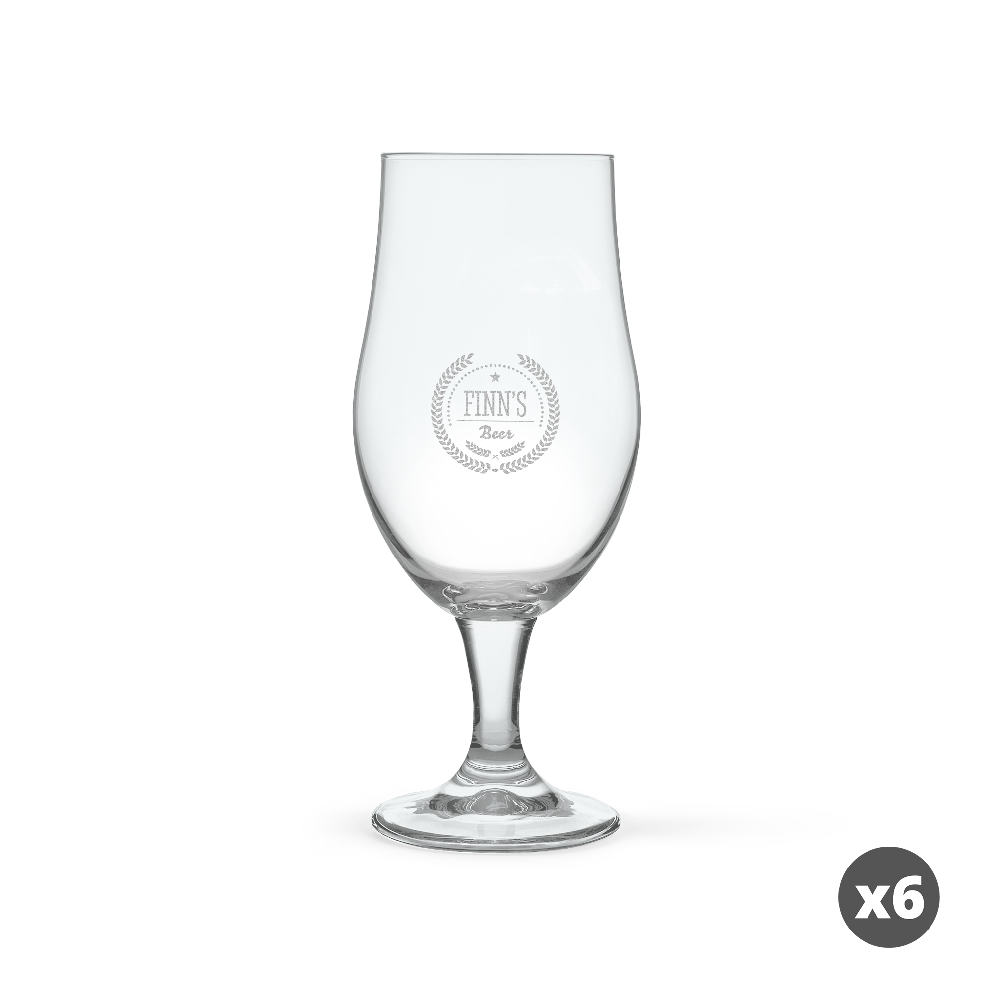 Personalisiertes Bierglas mit Namen Finns Beer graviert und Lorbeerkranz, 6er-Set