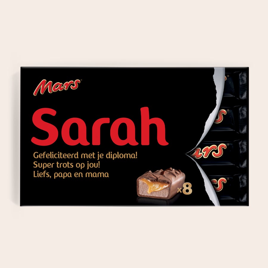 Gepersonaliseerde Mars Repen Giftbox Mars Repen Giftbox met naam Sarah en persoonlijke tekst, geprint met foto van een Mars reep