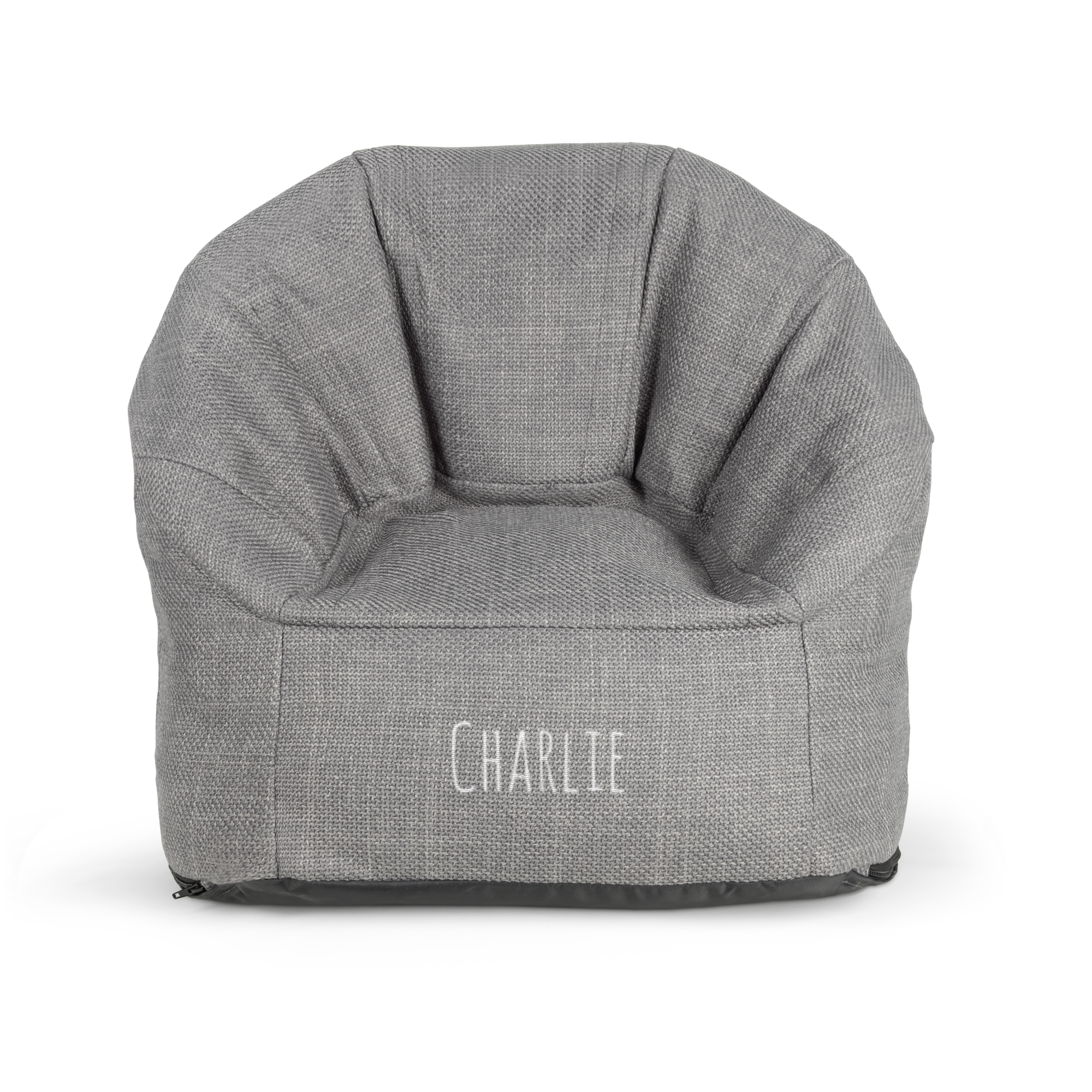 A cool trendy gray childrens chair with Charlie embroidered on the front.