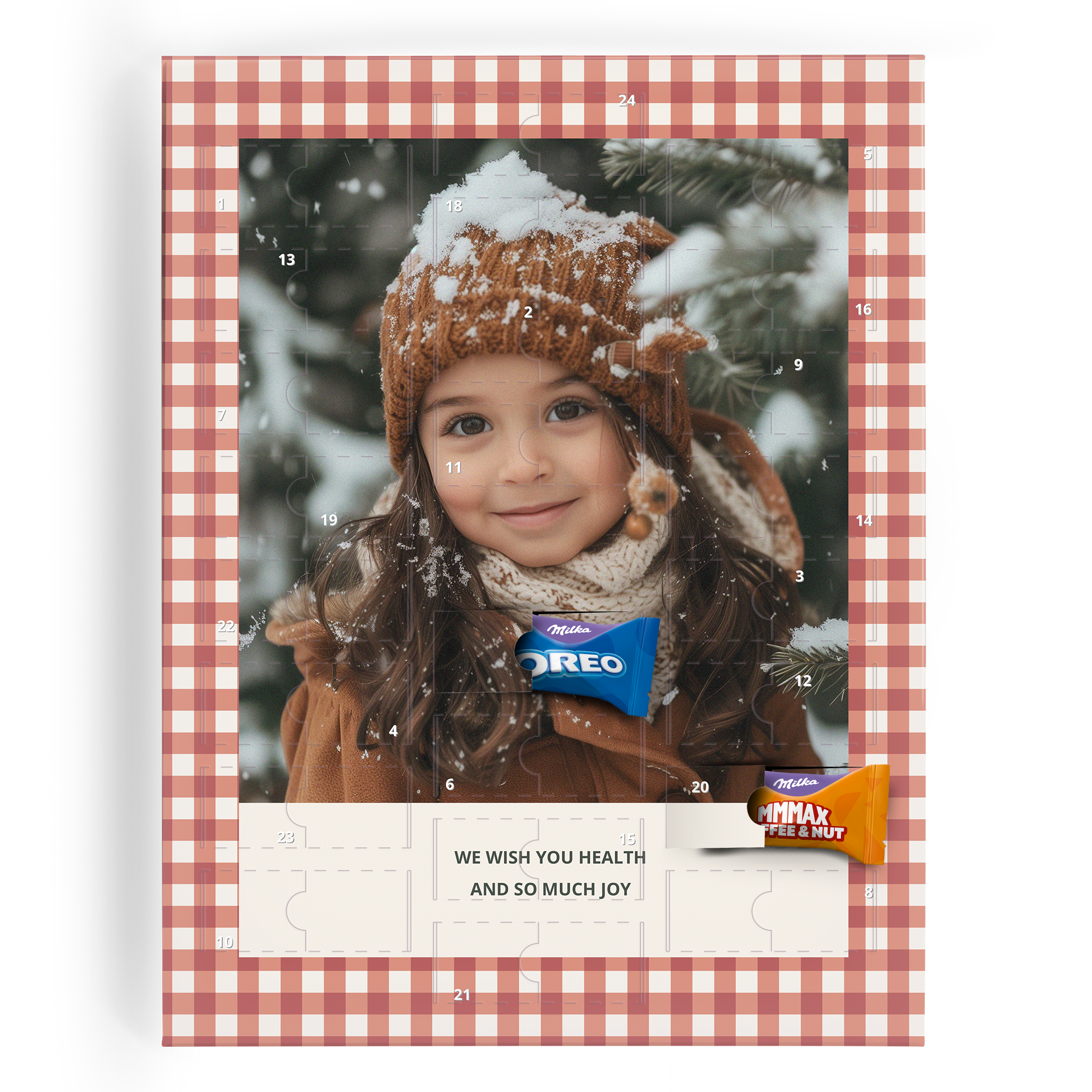 Calendario dellavvento personalizzato Milka con foto stampata di bambina che conta alla rovescia fino a Natale