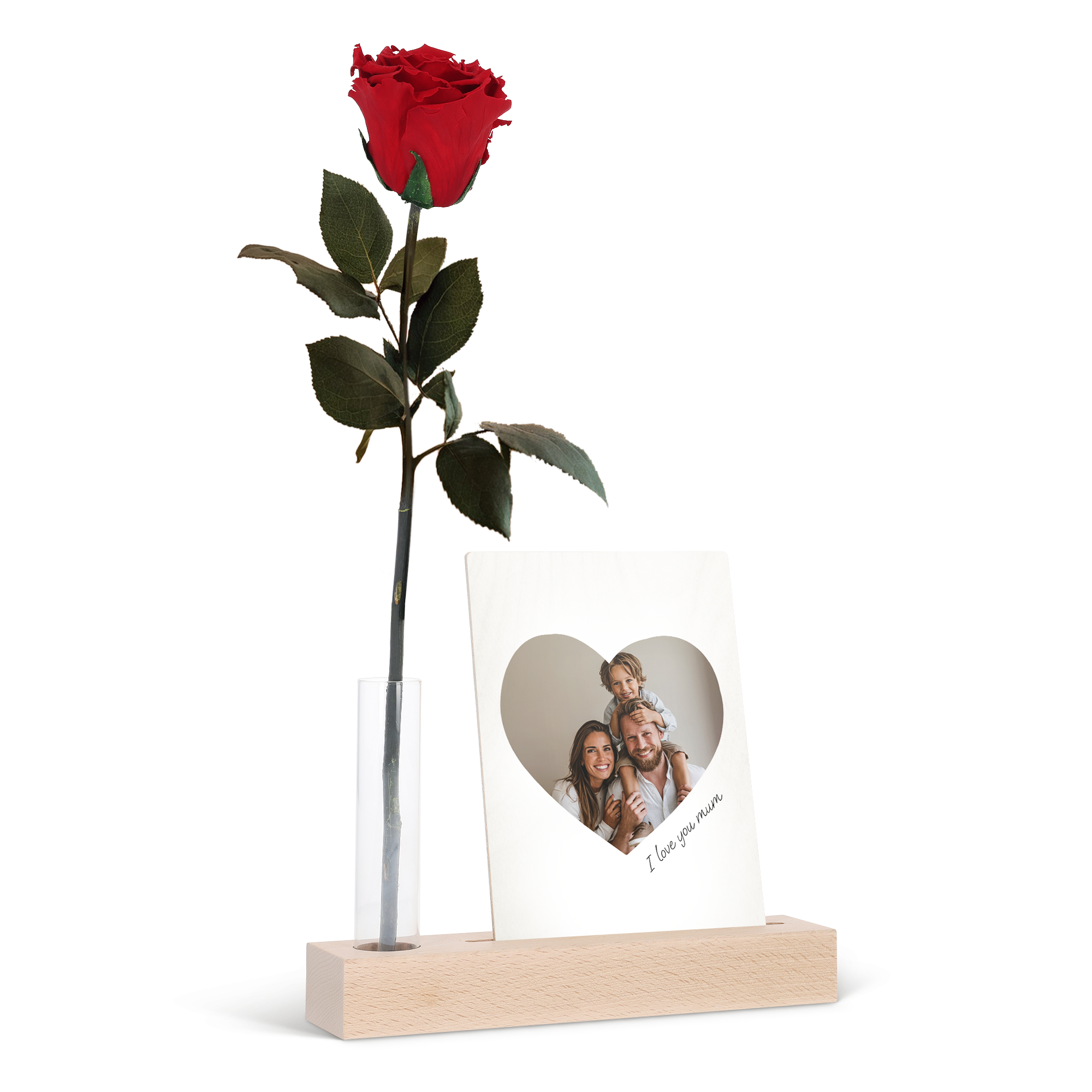 Rdeča Infinity vrtnica s stojalom za fotografije iz lesa, natisnjenim z družinsko sliko in sporočilom I love you mum