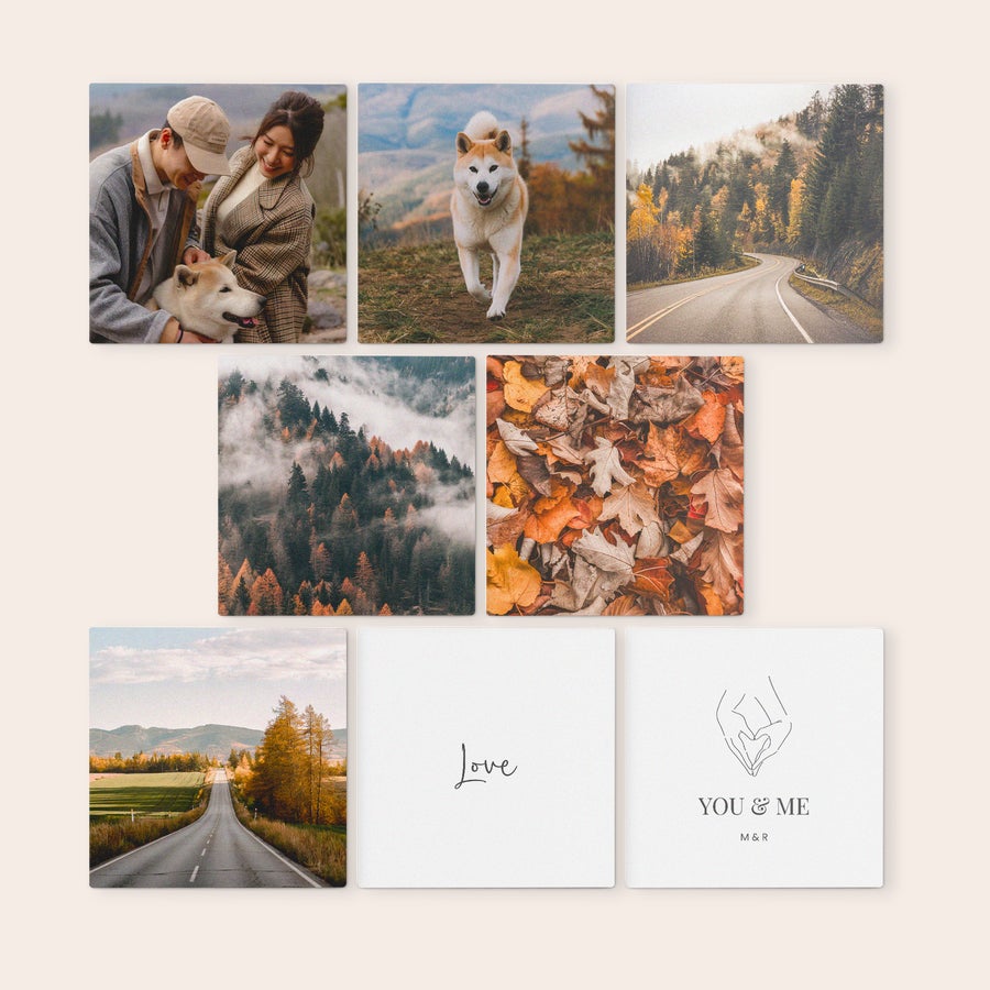 Panouri de perete personalizate Noua colecție Decorează-ți peretele cu panouri decorative din lemn cu designul tău include 9 panouri pătrate, imprimate cu fotografii și text.