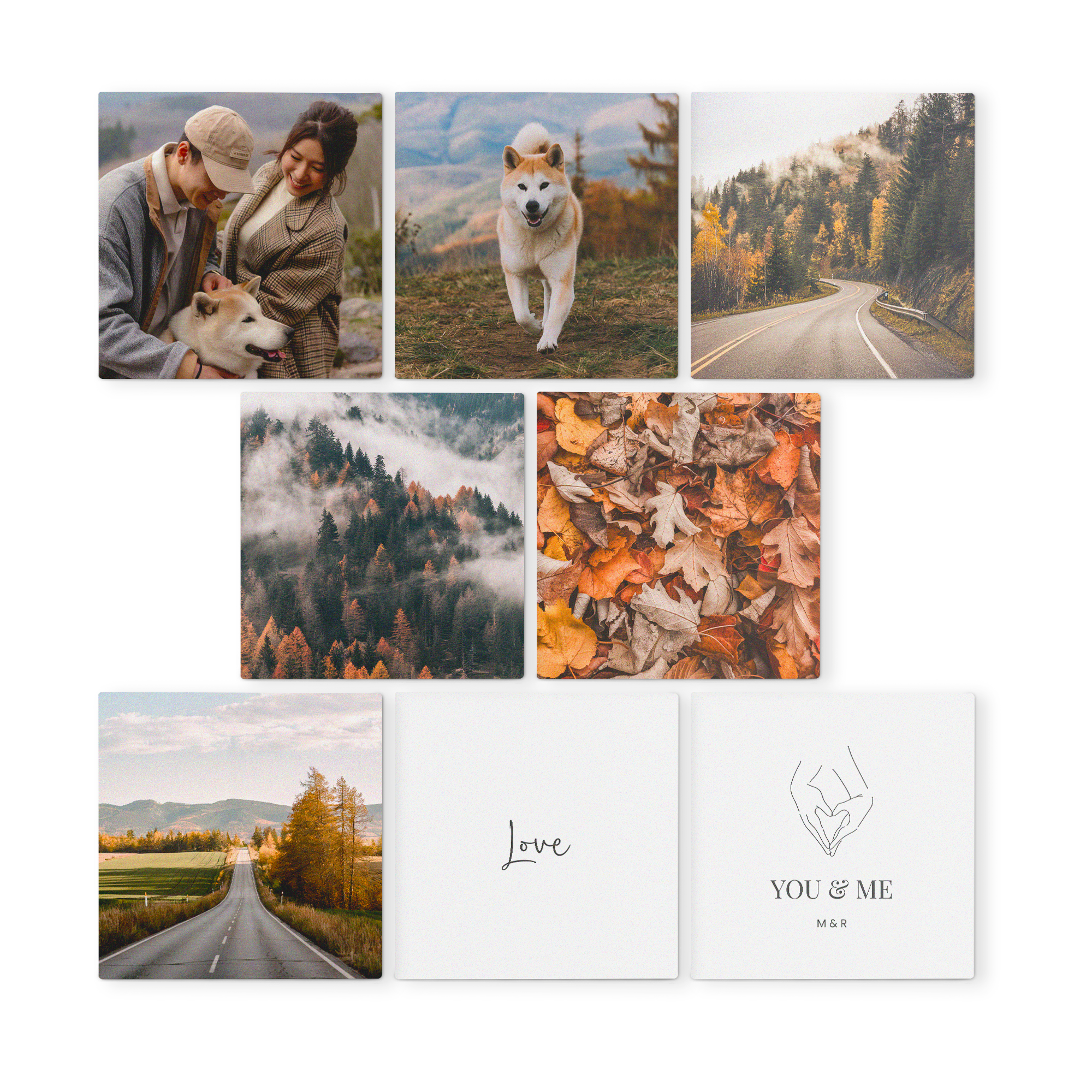 Forex-Wandkunst, bedruckt mit fünf Fotos und zwei Designs, darunter "Love" und "You & Me" mit Initialen