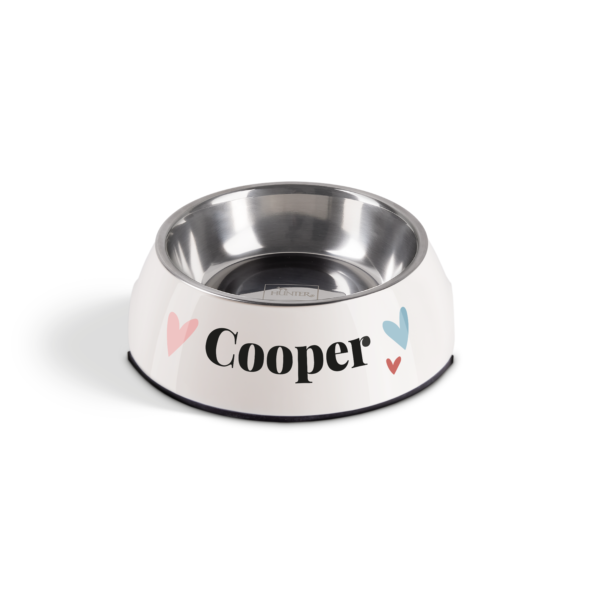 Comedero personalizado para perro, blanco con taza de acero inoxidable, el nombre Cooper impreso y detalles de corazones