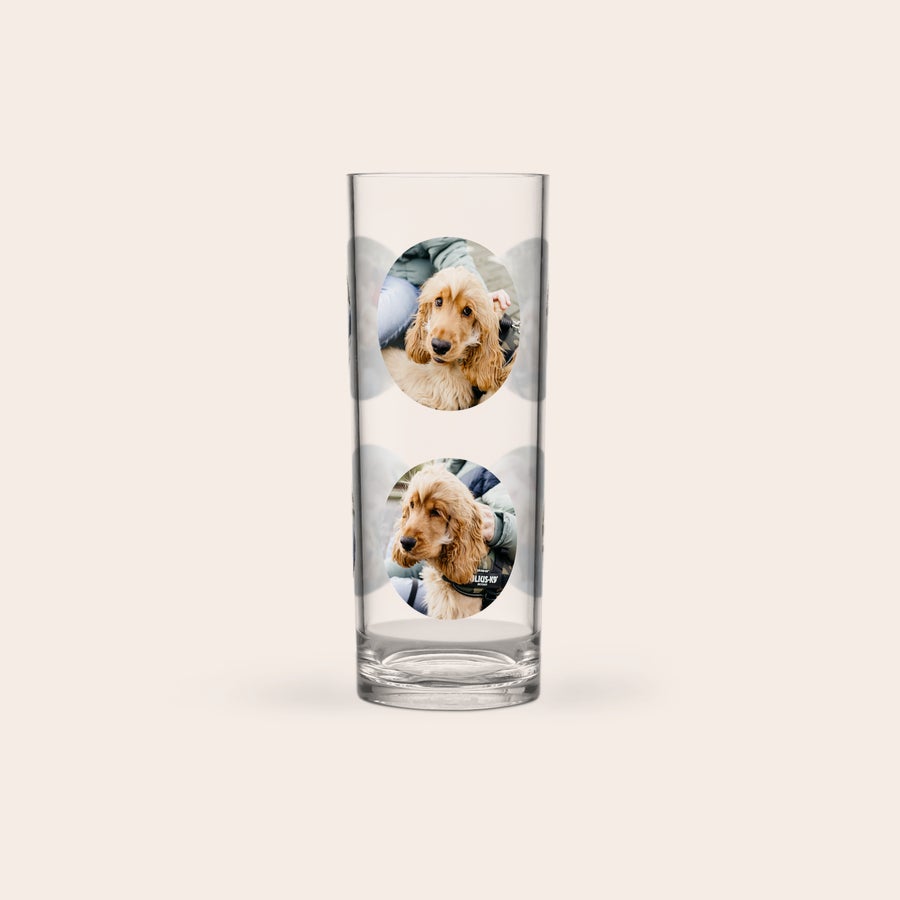 Vaso largo - Highball - Plástico - Impreso Vaso de plástico impreso con dos fotos circulares de un perrito, Disfruta de un vaso alto impreso con su mensaje único.