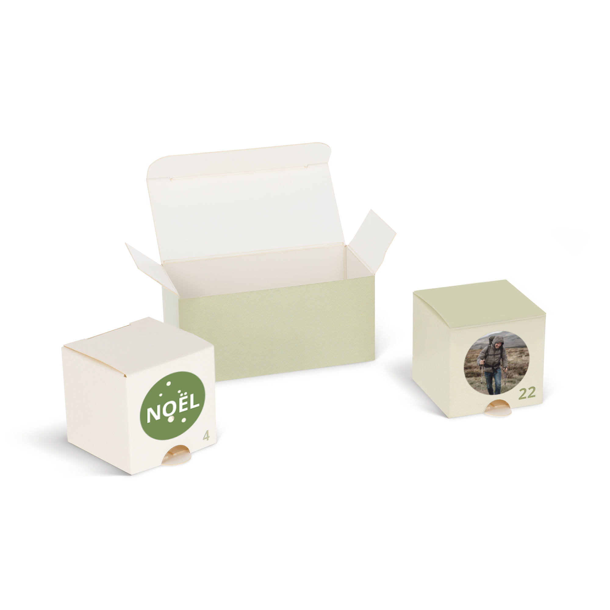 Calendrier de lAvent personnalisé à faire soi-même S, avec petites boîtes imprimées d'une photo et du mot NOËL.