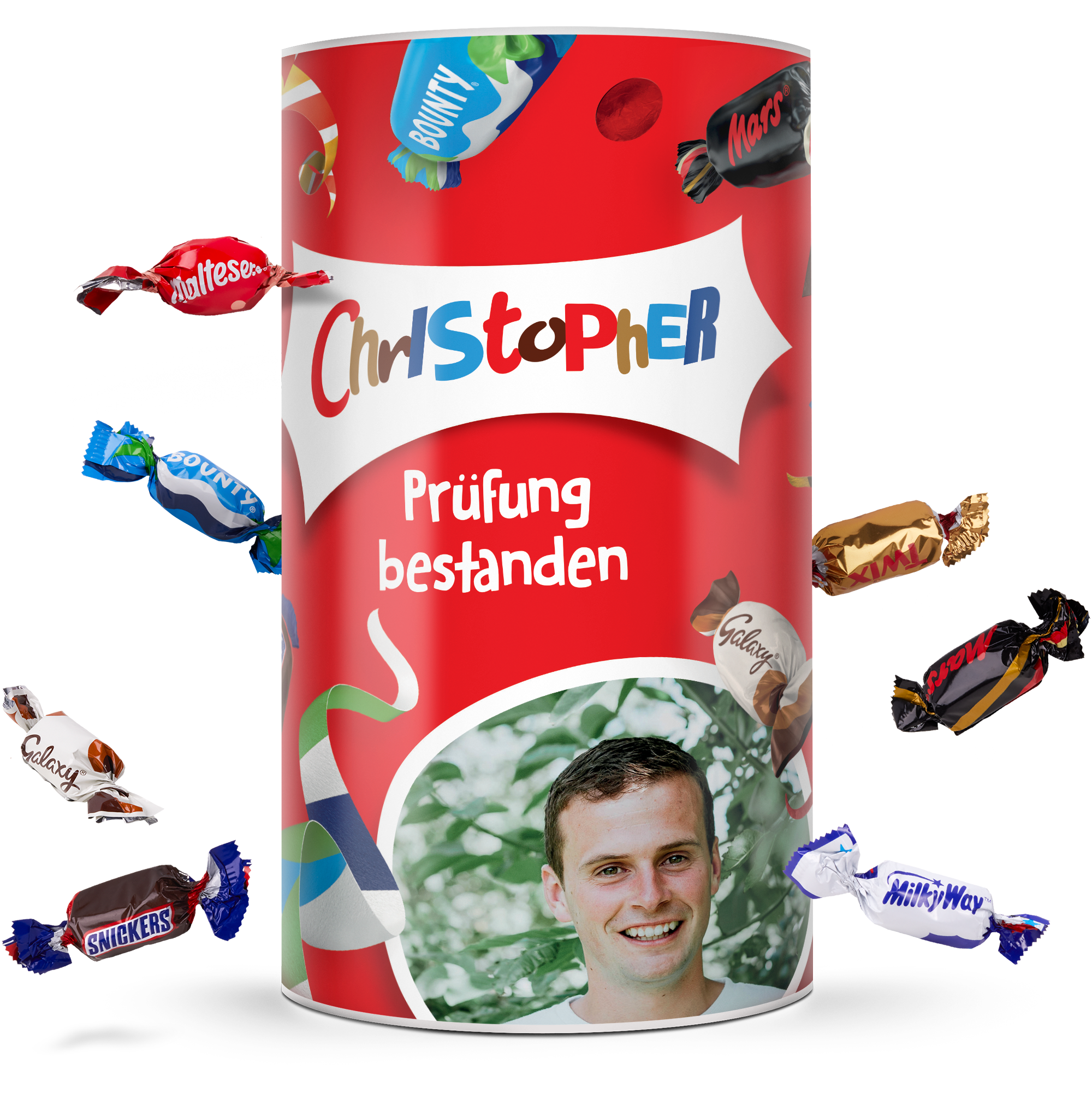 Roter 1 kg Zylinder Celebrations personalisieren mit Namen Christopher und Foto, mit 