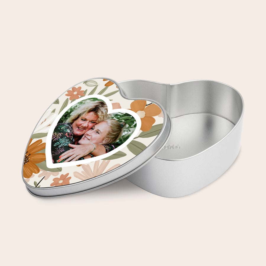 Cutie cadou de Ziua Mamei Cutie cadou inimă personalizată, cu fotografia a două femei zâmbitoare și un model floral imprimat pe capac, un cadou dulce pentru mama