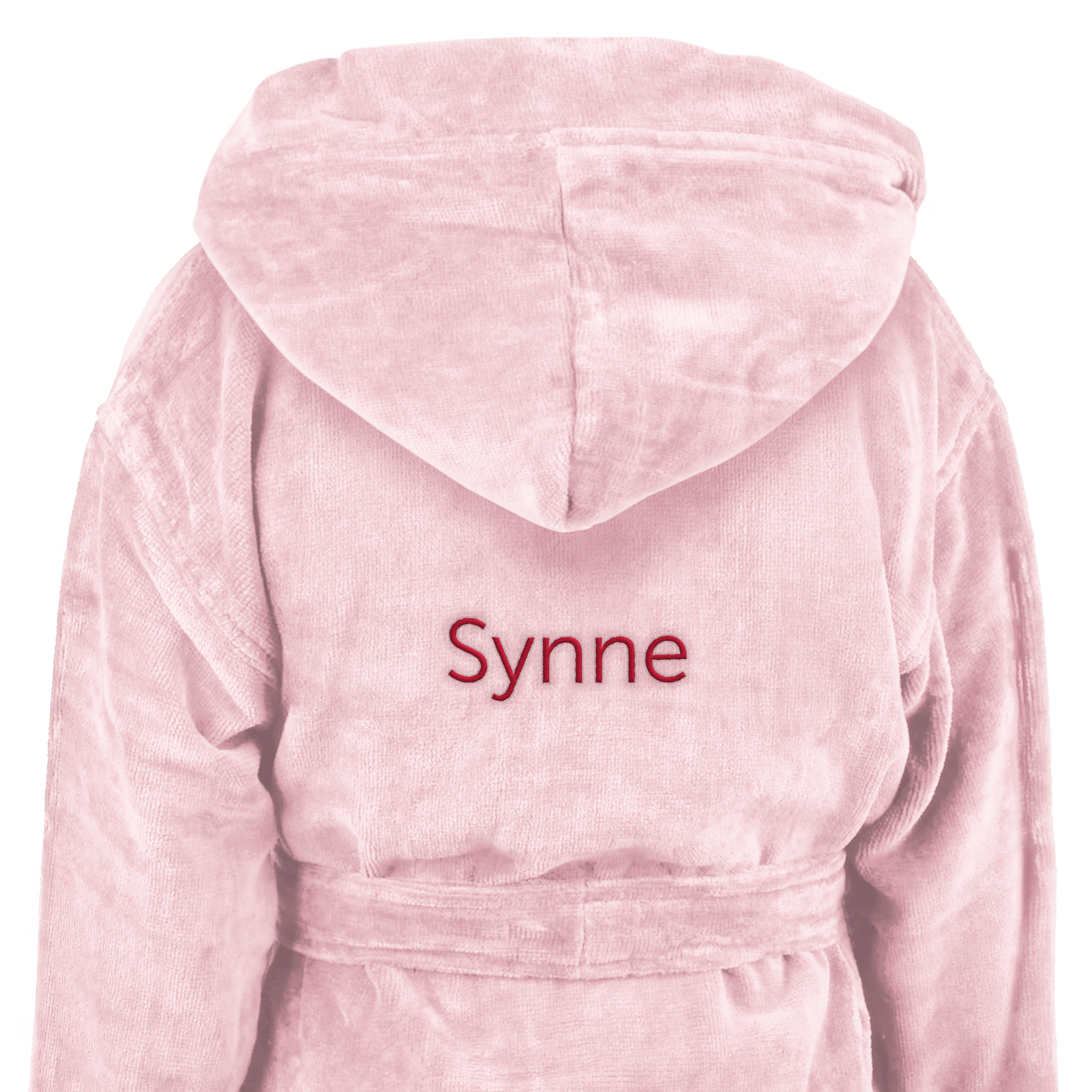 Myk rosa personlig badekåpe til barn med navnet "Synne" brodert på ryggen.