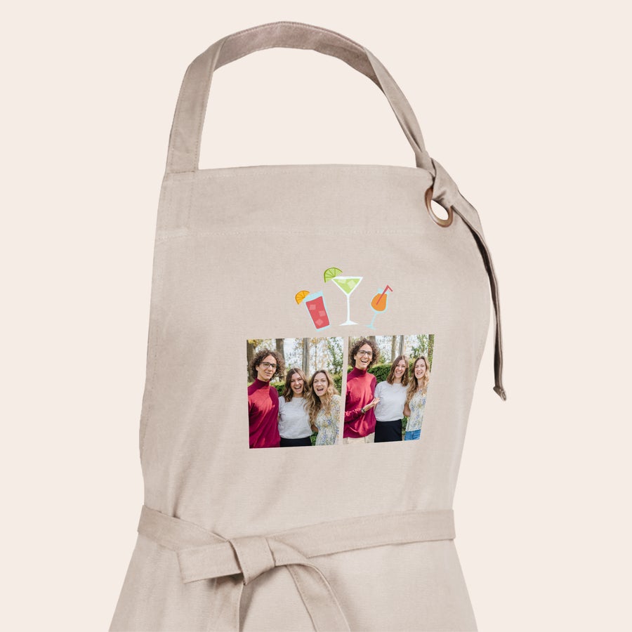 Apron A personalized apron in light beige with a printed photo of friends and cocktail graphics