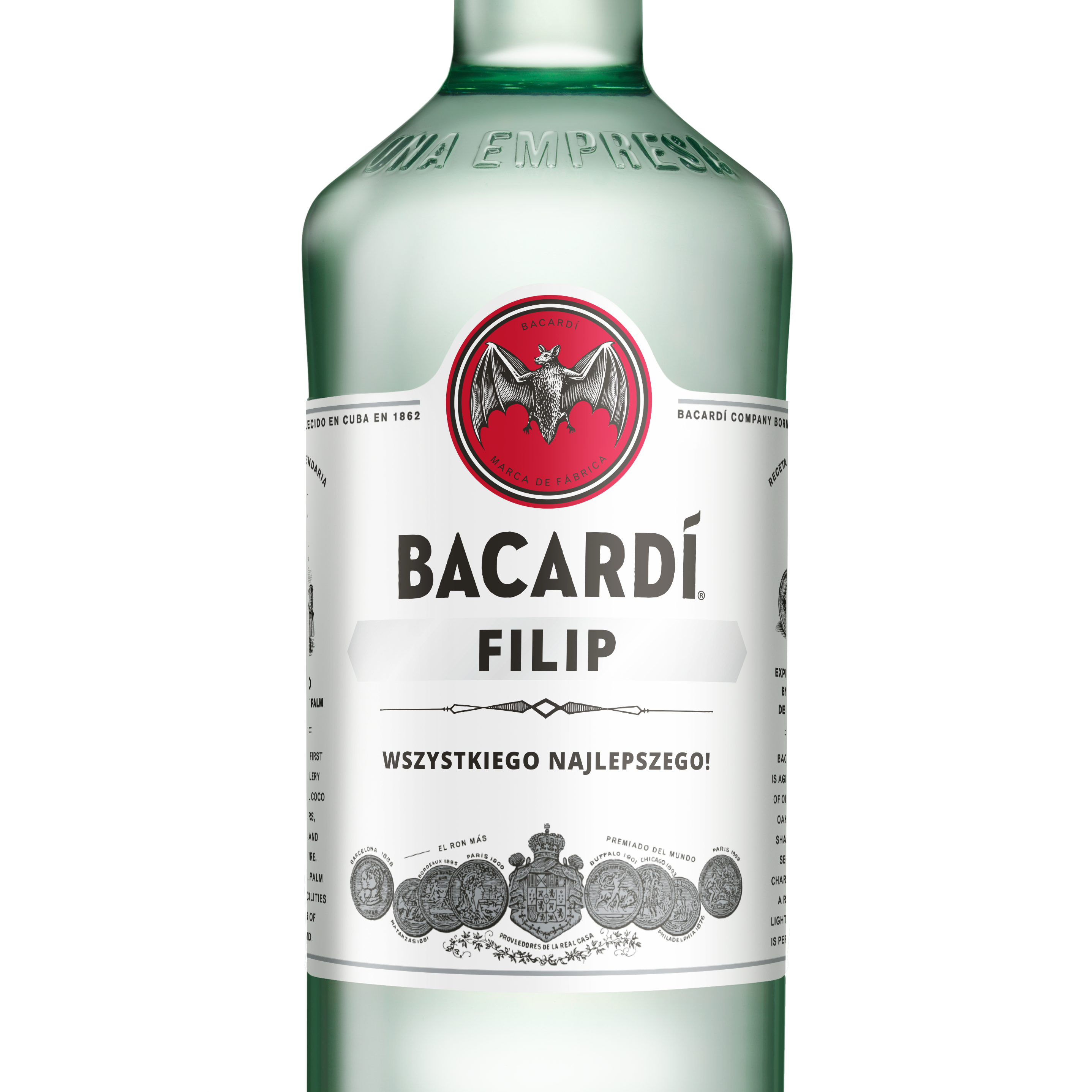 Unikatowy rum Bacardi z personalizowaną etykietą, wydrukowany z imieniem Filip i napisem Wszystkiego najlepszego!