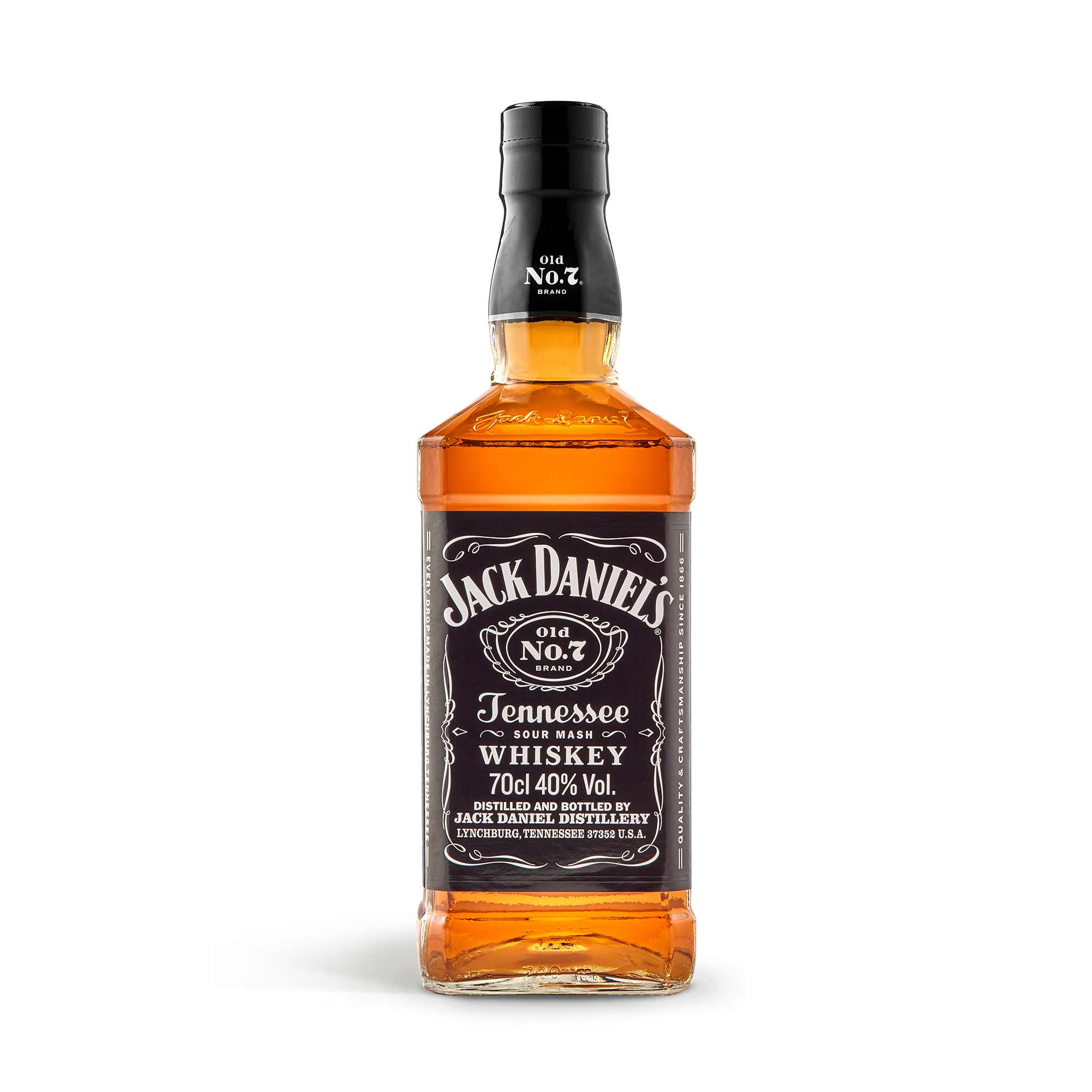 Jack Daniels Whiskyflasche 70cl mit schwarzem Etikett, die in einer persönlichen Holzkiste verschenkt wird.