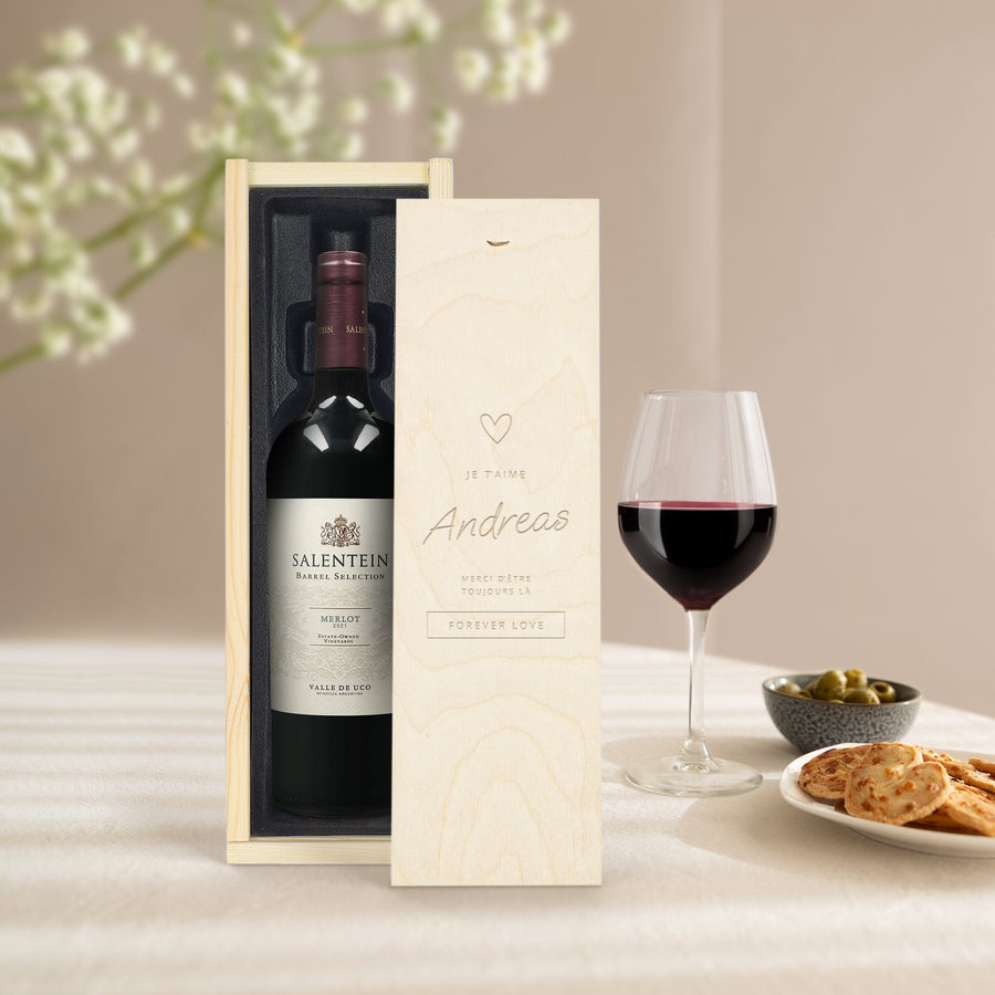 Vin Salentein Merlot personnalisé Bouteille de vin Salentein Merlot dans un coffret en bois gravé du nom Andreas et le message Je taime