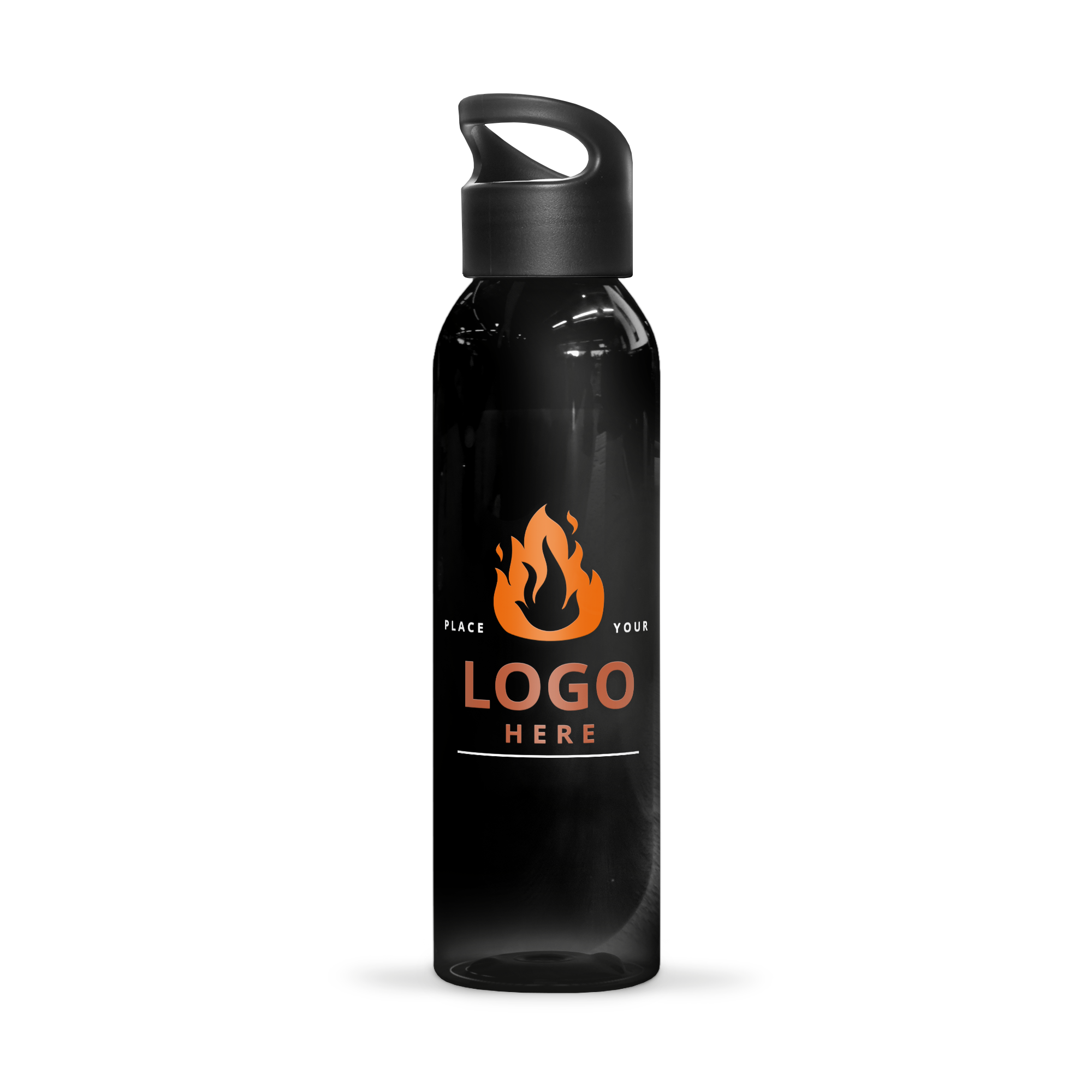 Black personalized water bottle with a placeholder for a custom printed design featuring an orange flame logo