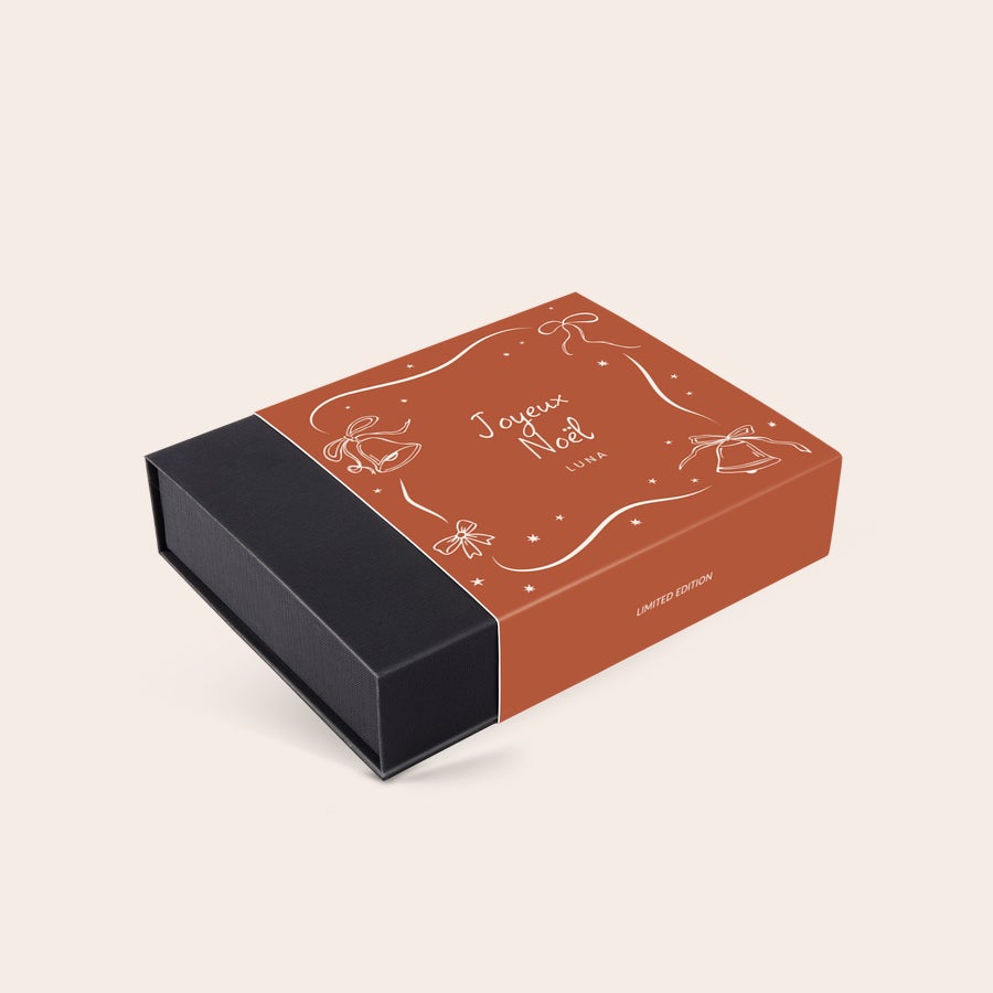 Boîte de chocolats Noël personnalisée Luxueux coffret cadeau de chocolats personnalisable avec texte Joyeux Noël Luna et clochettes