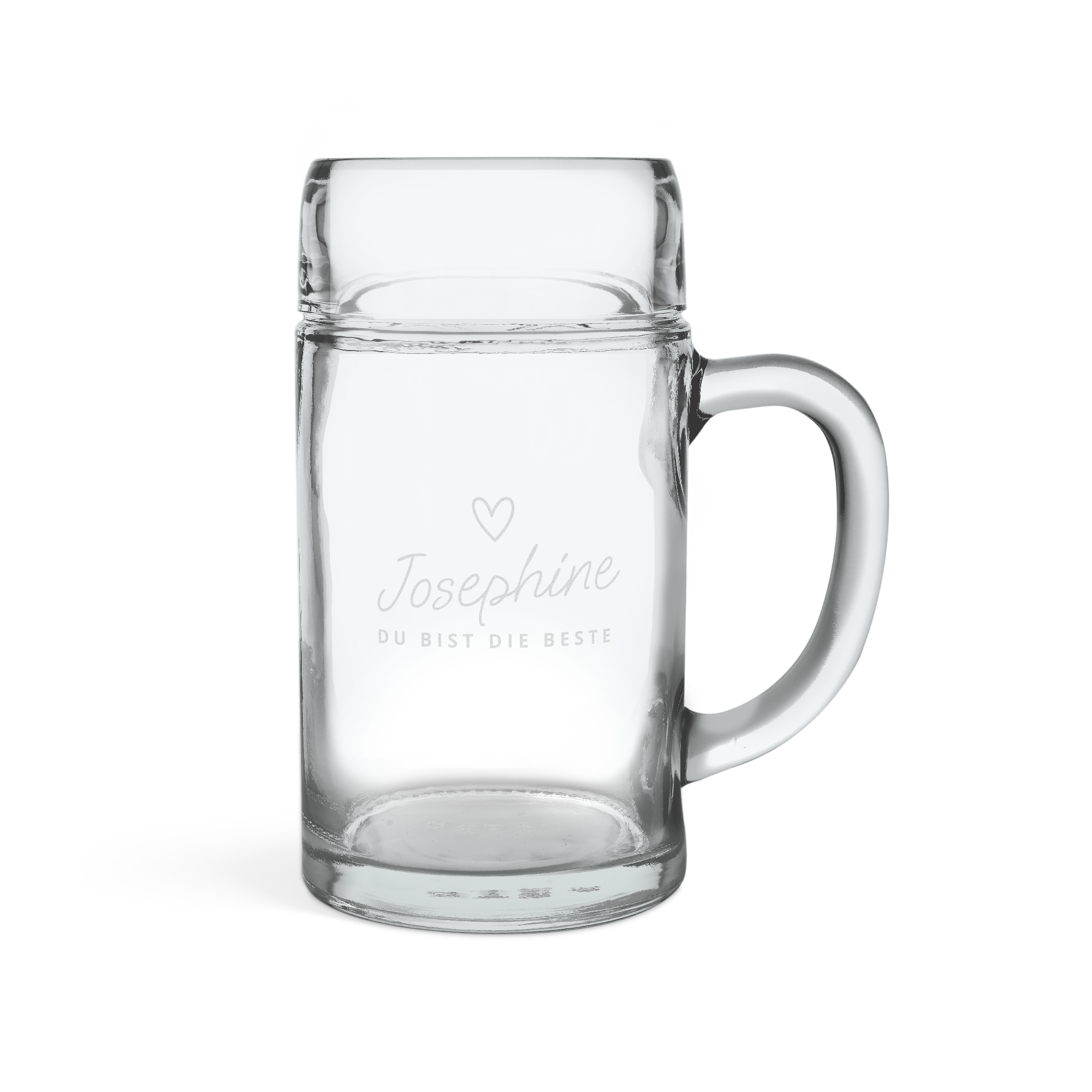 Personalisierter Bierkrug 1 Liter aus Glas, graviert mit dem Namen Josephine, einem Herz und dem Text "DU BIST DIE BESTE"