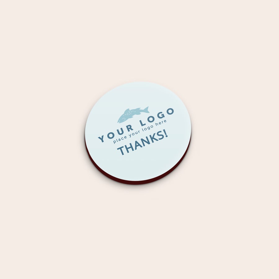 Fotomagnete Runder Fotomagnet mit Fisch-Logo und "THANKS" Text, bedruckt mit Ihrem individuellen Design für Dekorier deinen Kühlschrank mit einzigartigen Fotomagneten!