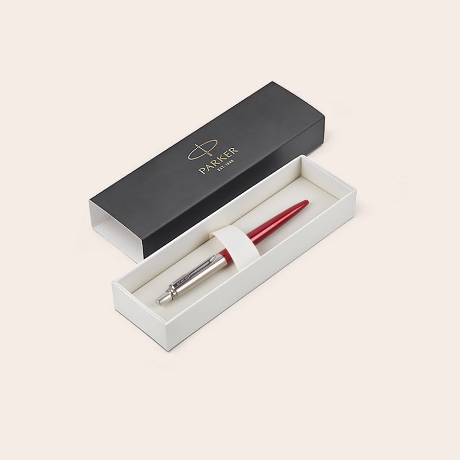 Parker - Jotter - vyryté pero Červené guľôčkové pero Parker Jotter s gravírovaným vlastným dizajnom v darčekovej krabičke