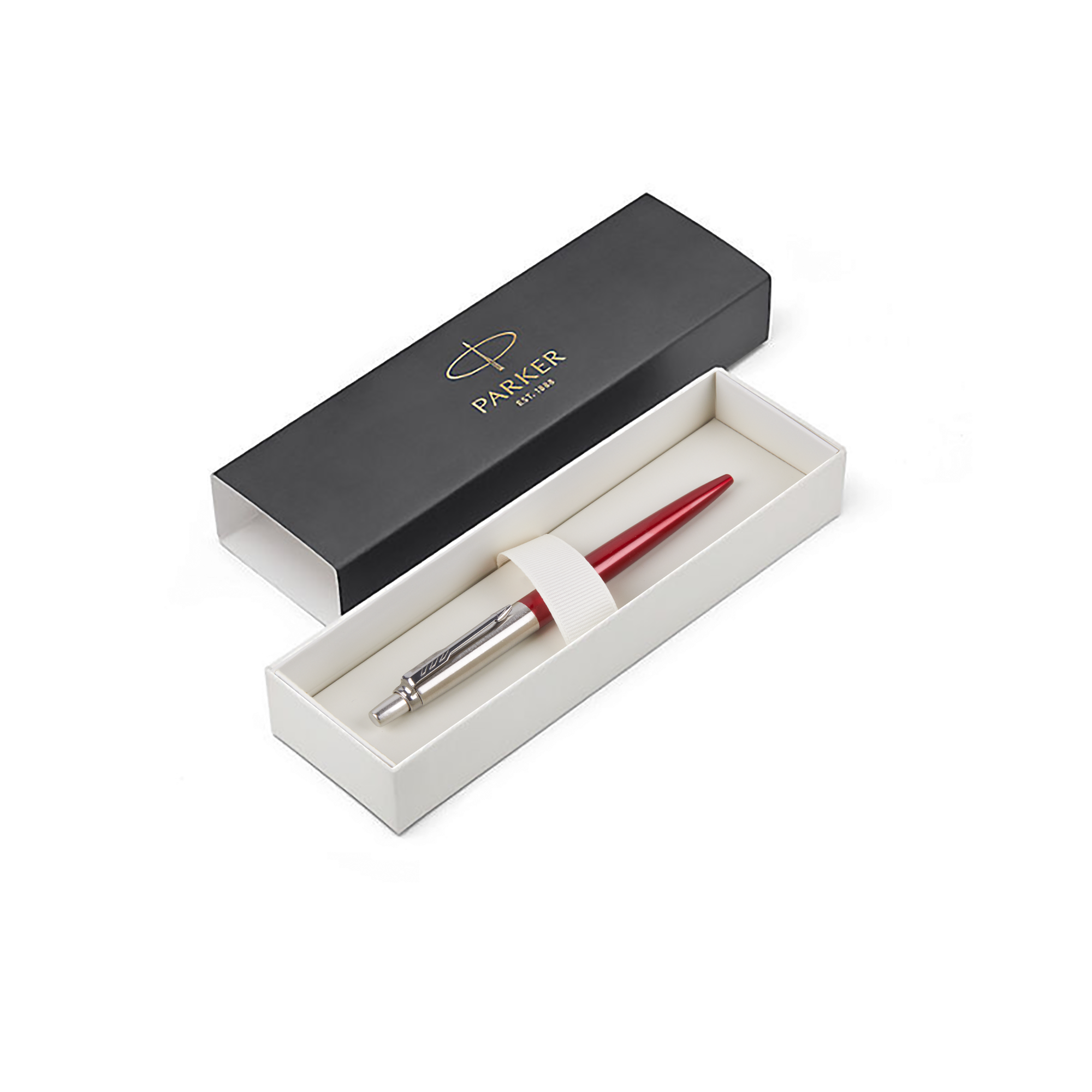 Röd Parker Jotter-penna i presentask, personlig med valfri design som graveras i pennan.