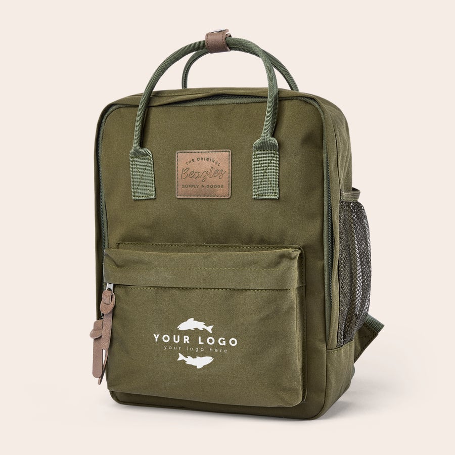 Personalised backpack - Printed Olive green personalized backpack with a custom logo design on the front pocket, perfect for a personalized backpack.