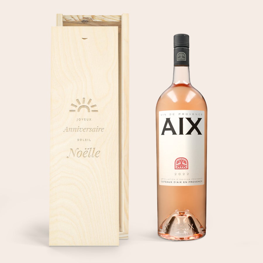 Vin AIX rosé personnalisé Bouteille de rosé AIX Magnum personnalisée, coffret en bois gravé avec Joyeux Anniversaire Soleil Noëlle