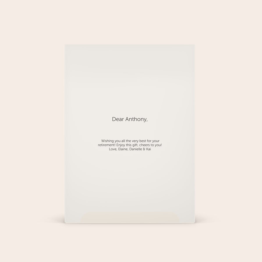 Kneipp Men wellness gift box An open personalised mens wellness gift set with a message printed inside addressed to Anthony wishing him well on his retirement