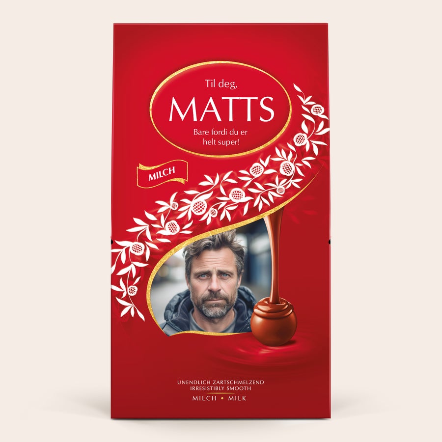Lindt gaveeske med 1 kg sjokolade Rød Lindor-sjokoladegaveeske med bilde, "MATTS" og tekst, fylt med 1 kg Lindor-sjokolade