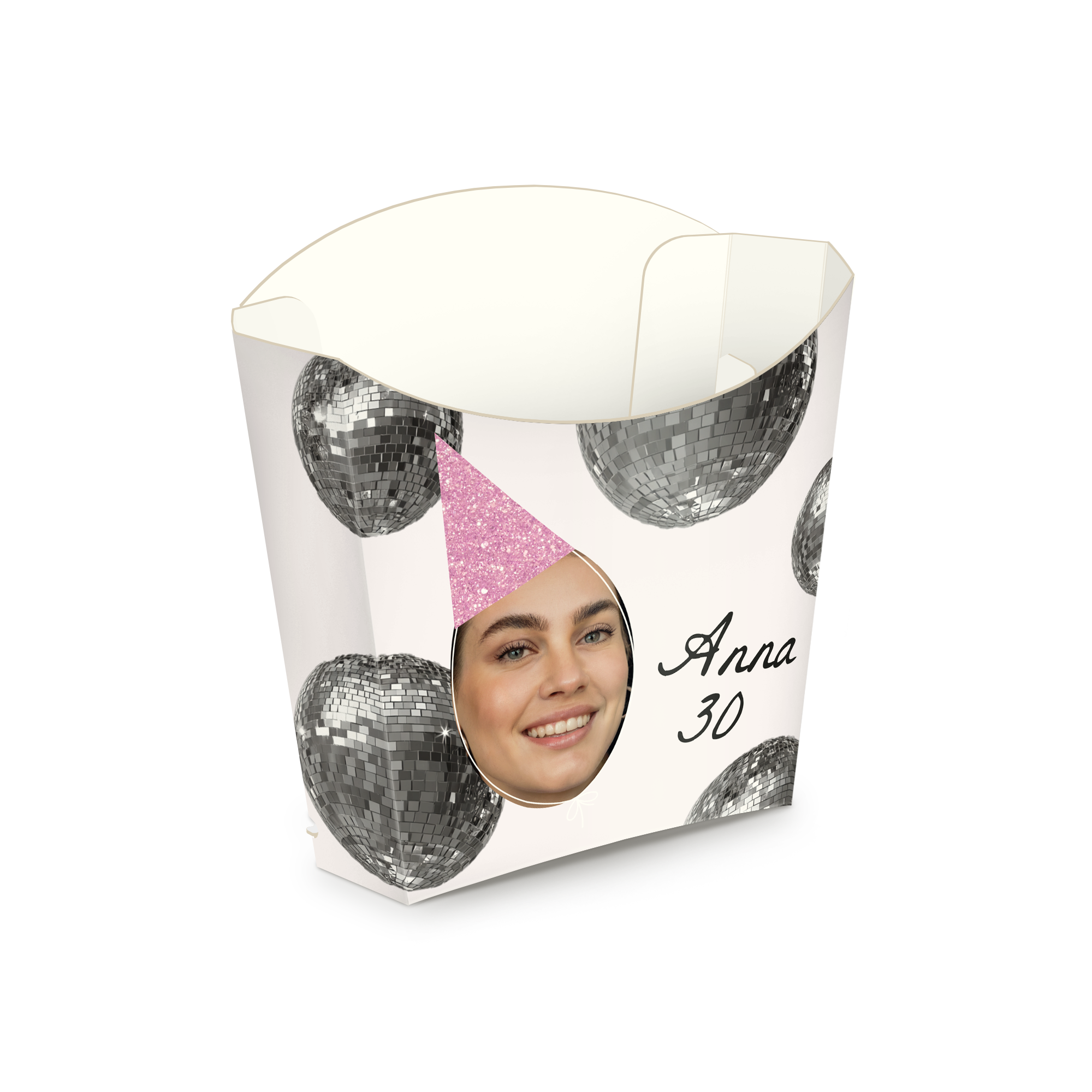 Personalisierte Snack Schale 8 Stück bedruckt mit Foto, Namen Anna und Zahl 30, umgeben von Diskokugeln