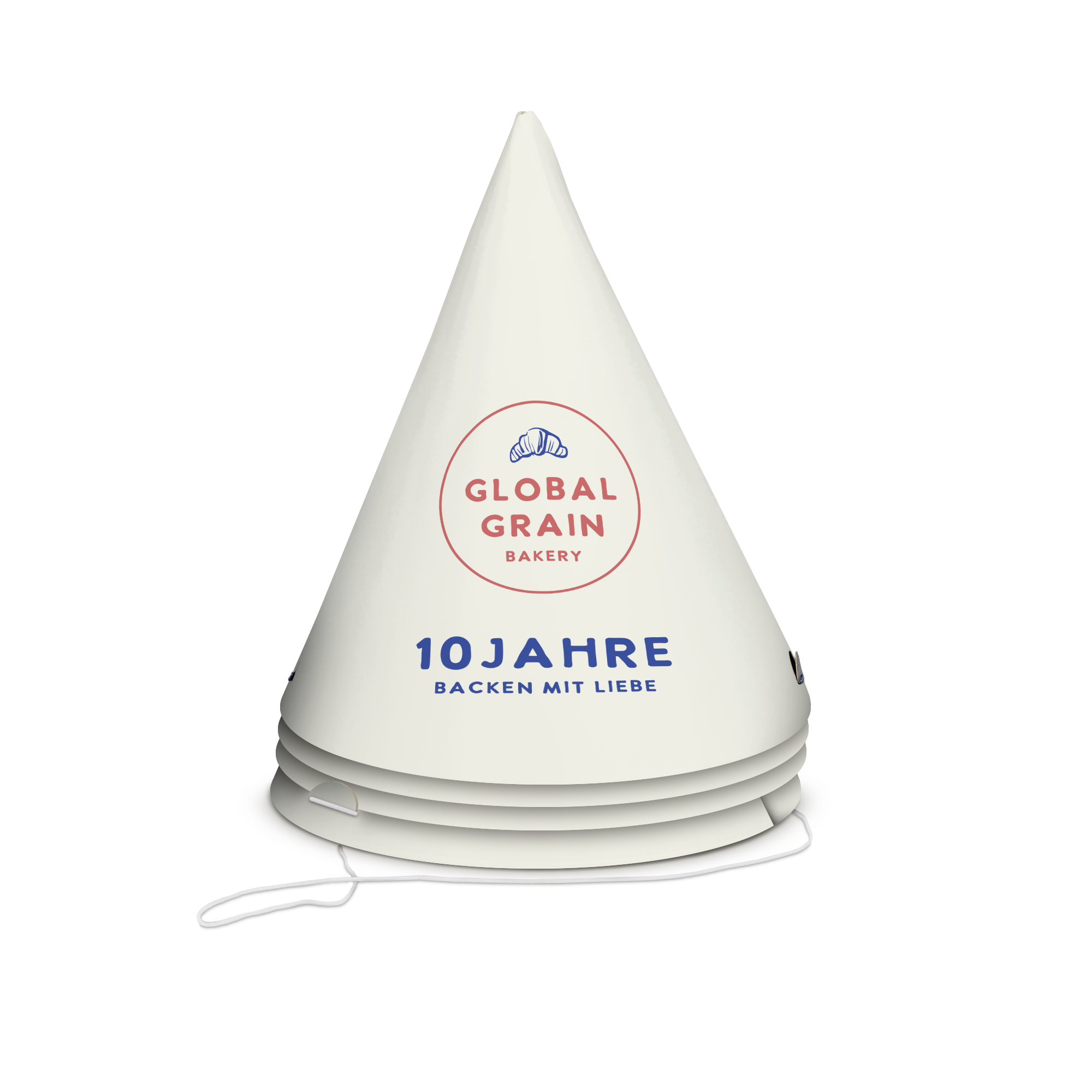 Bedruckte Partyhüte für 10 Jahre Jubiläum von Global Grain Bakery, 8 Stück zum Selbstgestalten.